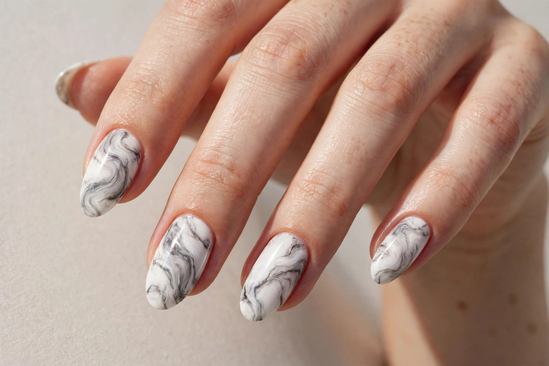 White and grey marble effect manicure on almond shaped nails