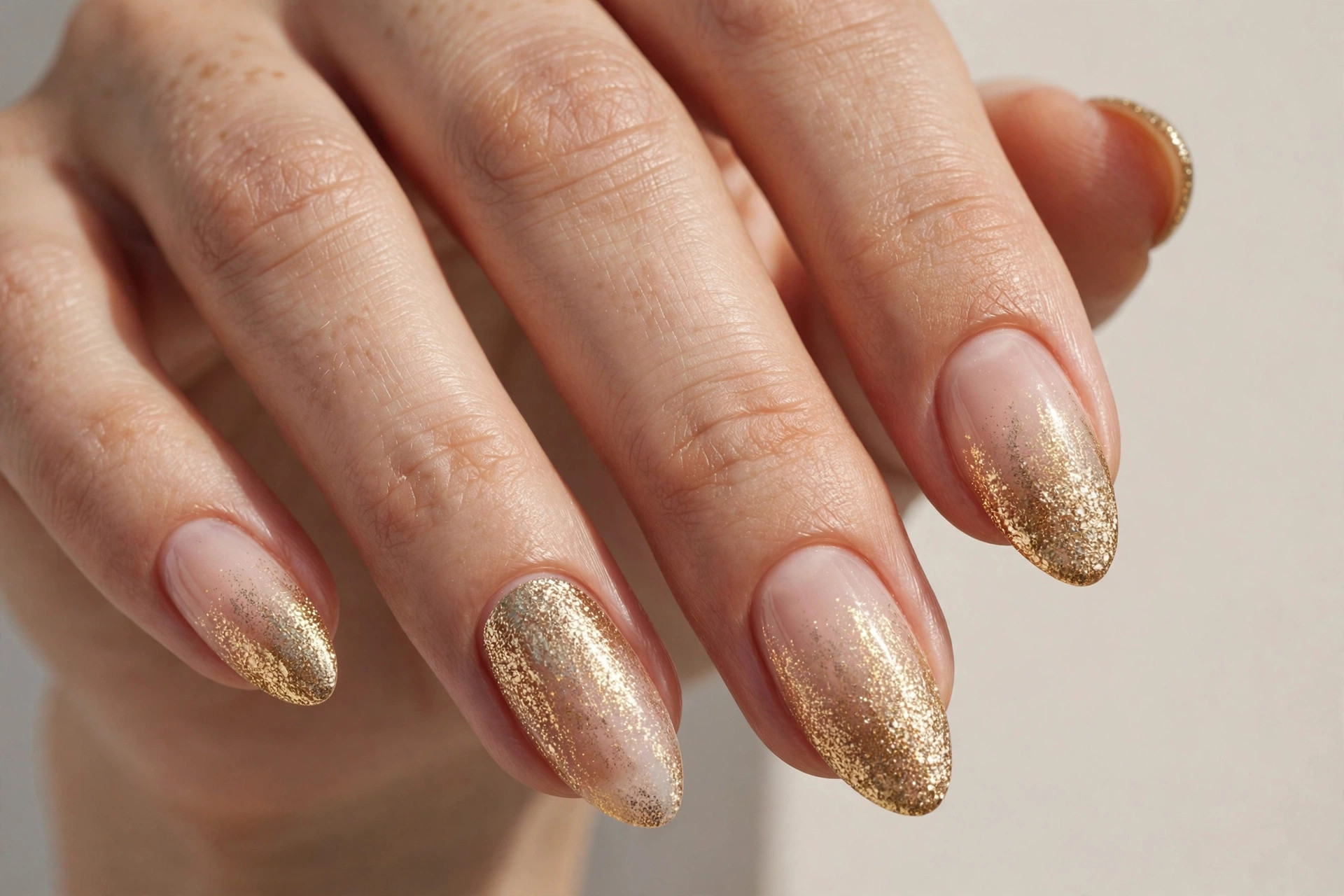Gold glitter gradient fade manicure on almond shaped nails