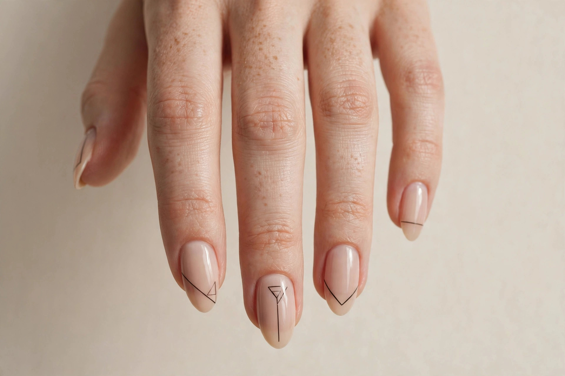 Minimalist black geometric lines on nude base, almond shaped nails