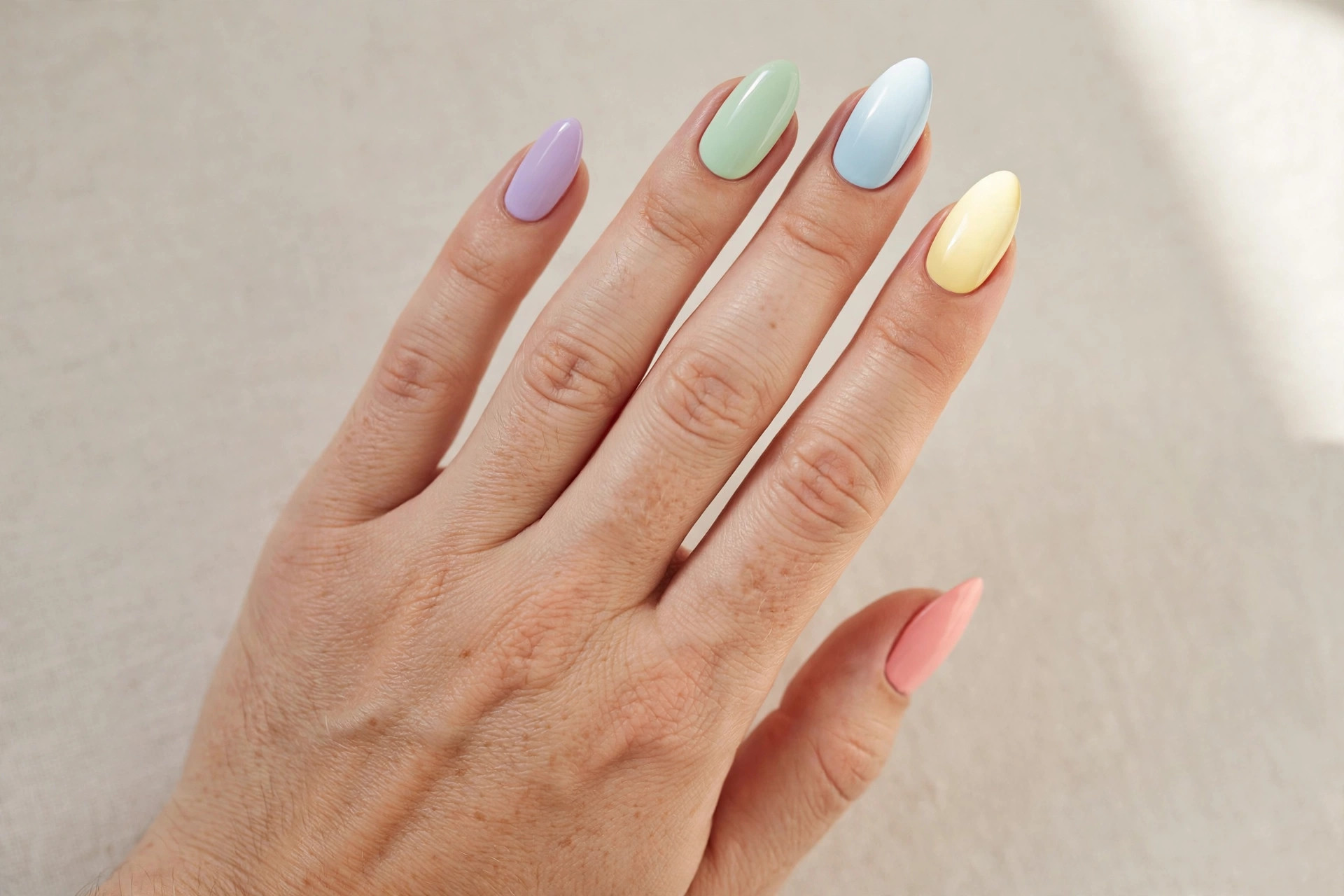 Pastel rainbow manicure with different soft color on each nail