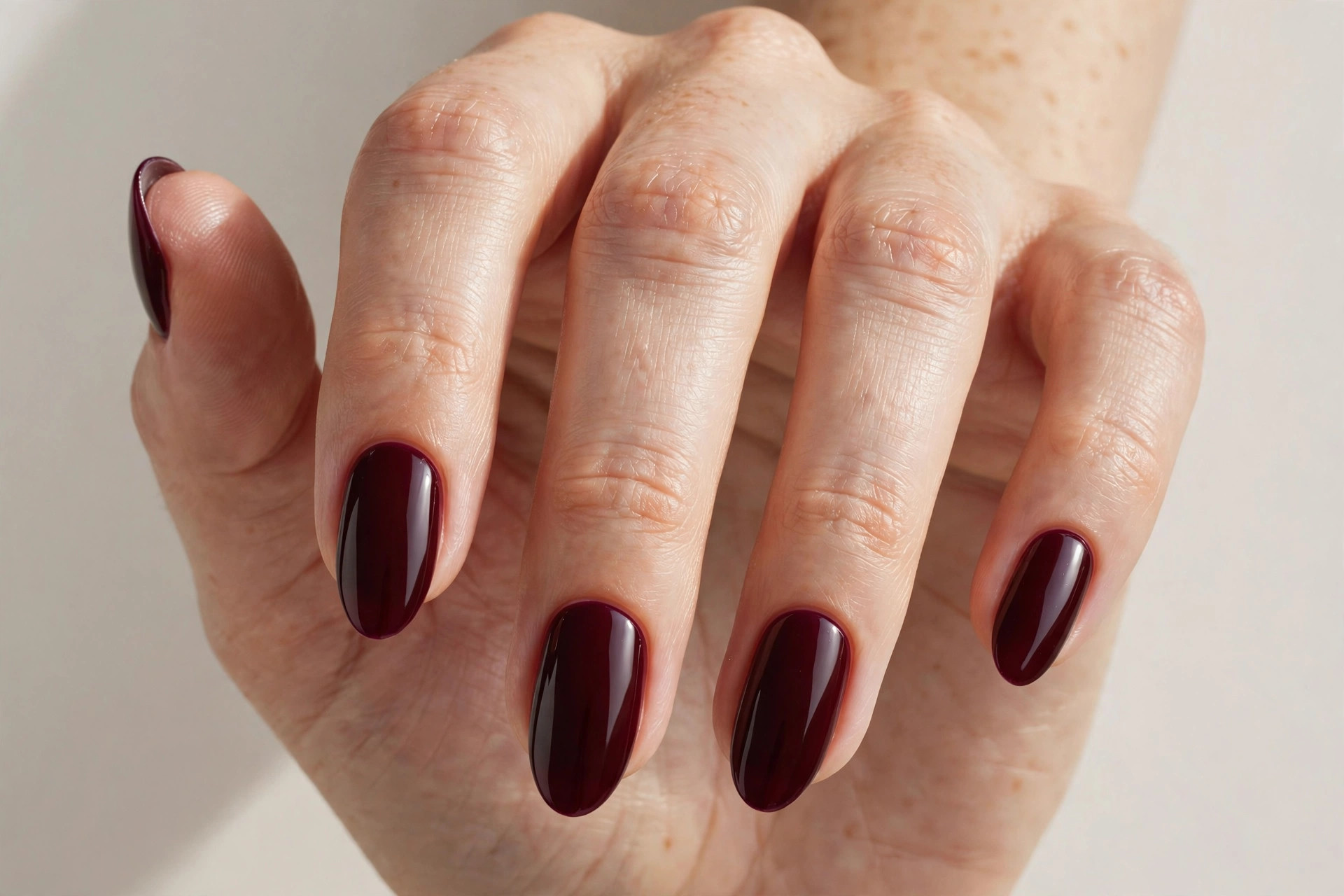 Deep burgundy wine glossy manicure on almond shaped nails