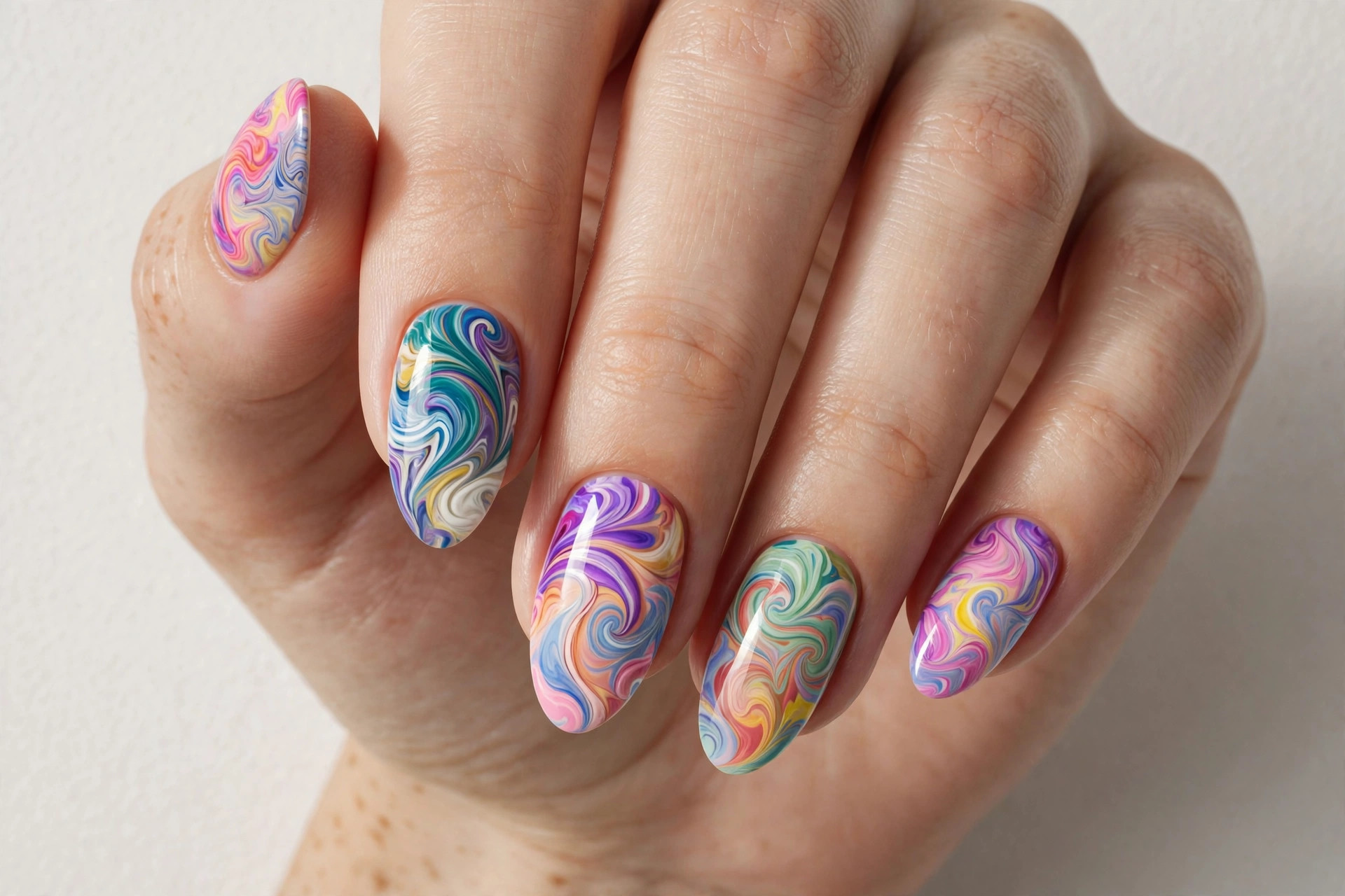 Abstract colorful swirl nail art on almond shaped nails