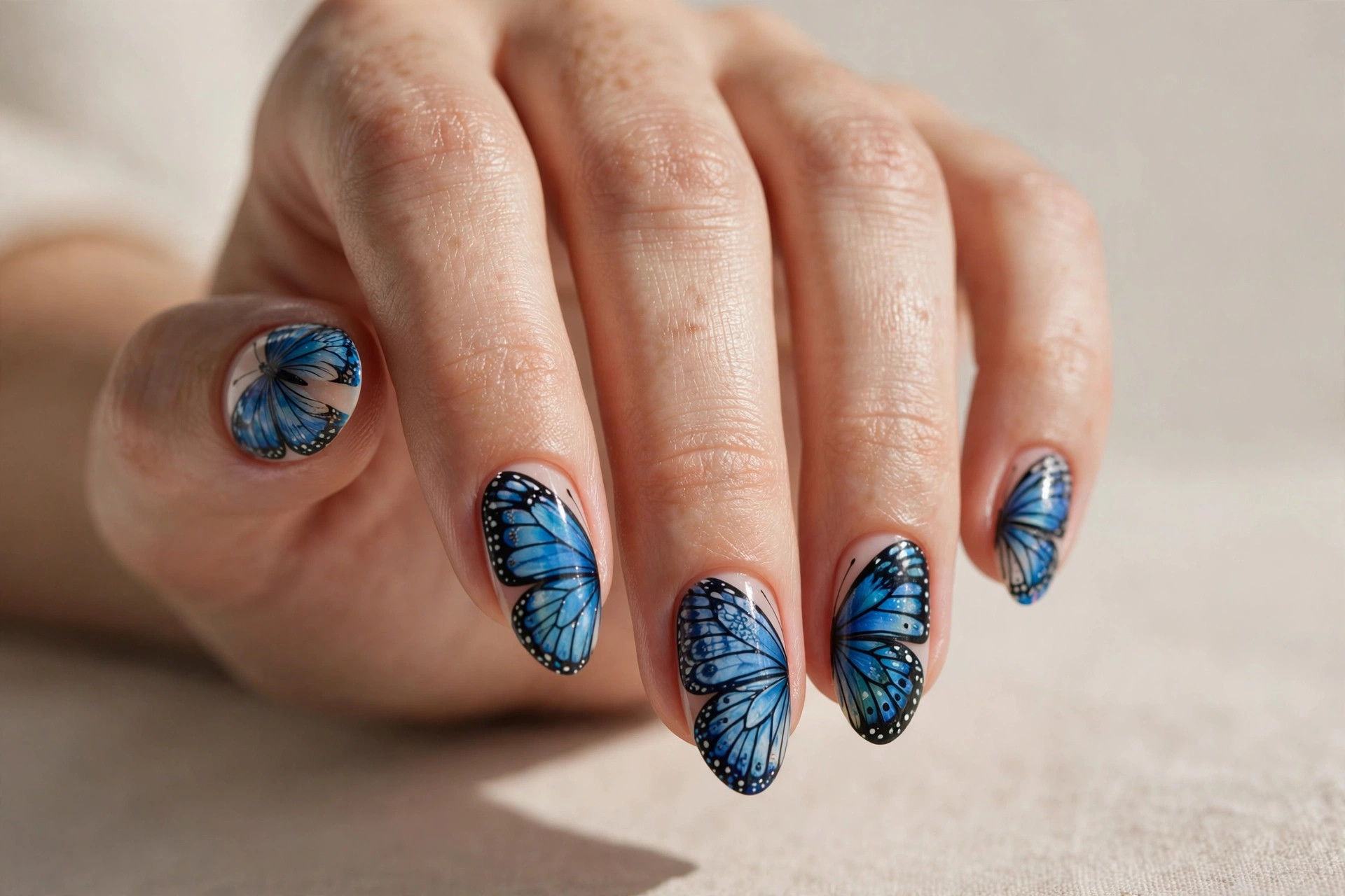 Blue butterfly wing nail art on almond shaped nails