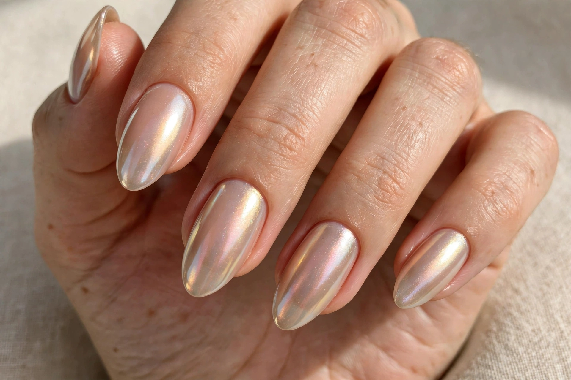 Glazed donut chrome nail design 2025 with pearly shimmer over a nude almond base