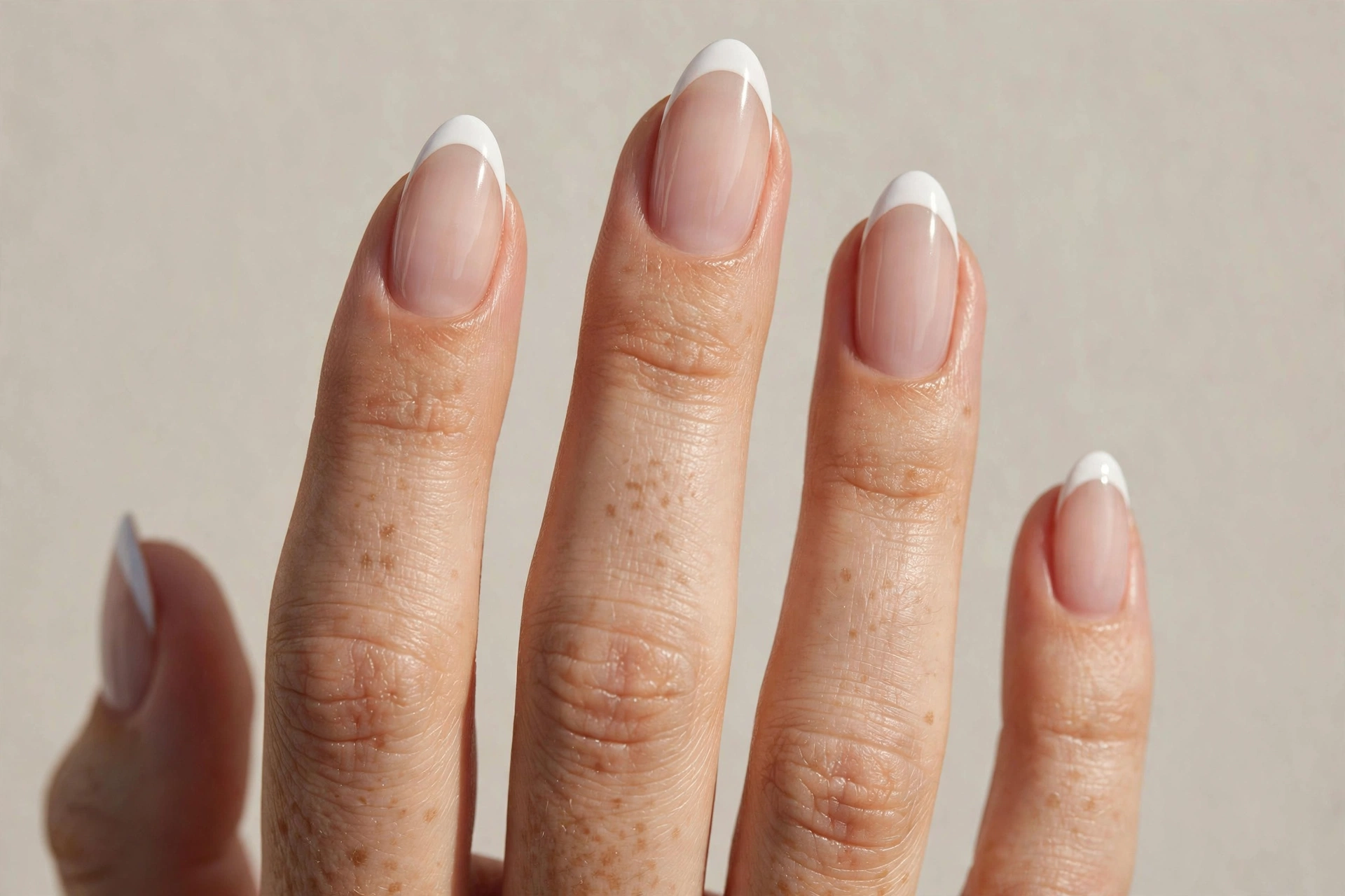 Modern French tip nail design 2025 with crisp white arcs on a sheer nude base