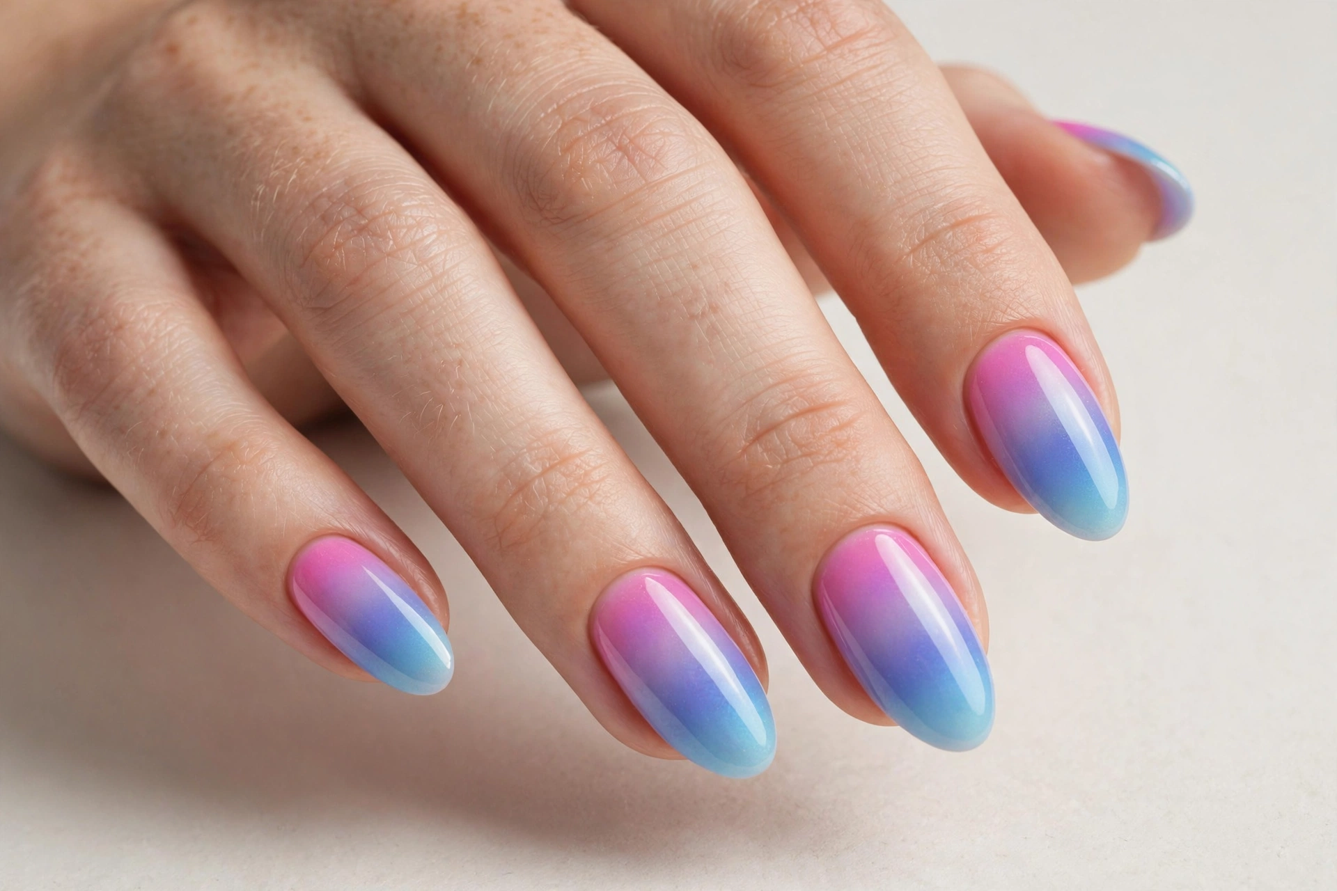 Aura nail design 2025 with airbrushed pink and blue gradient glow