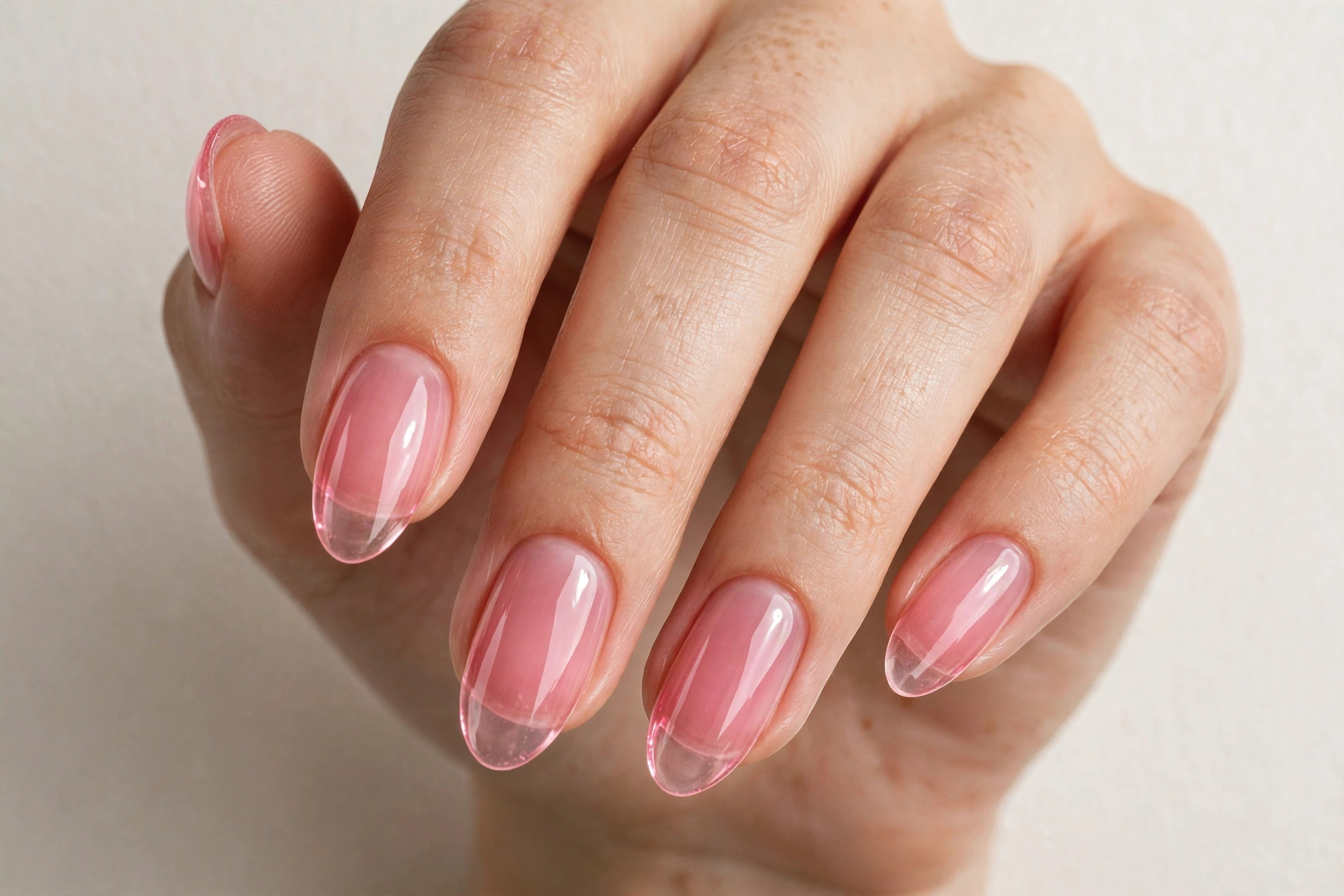 Jelly nail design 2025 with translucent candy-pink glass finish