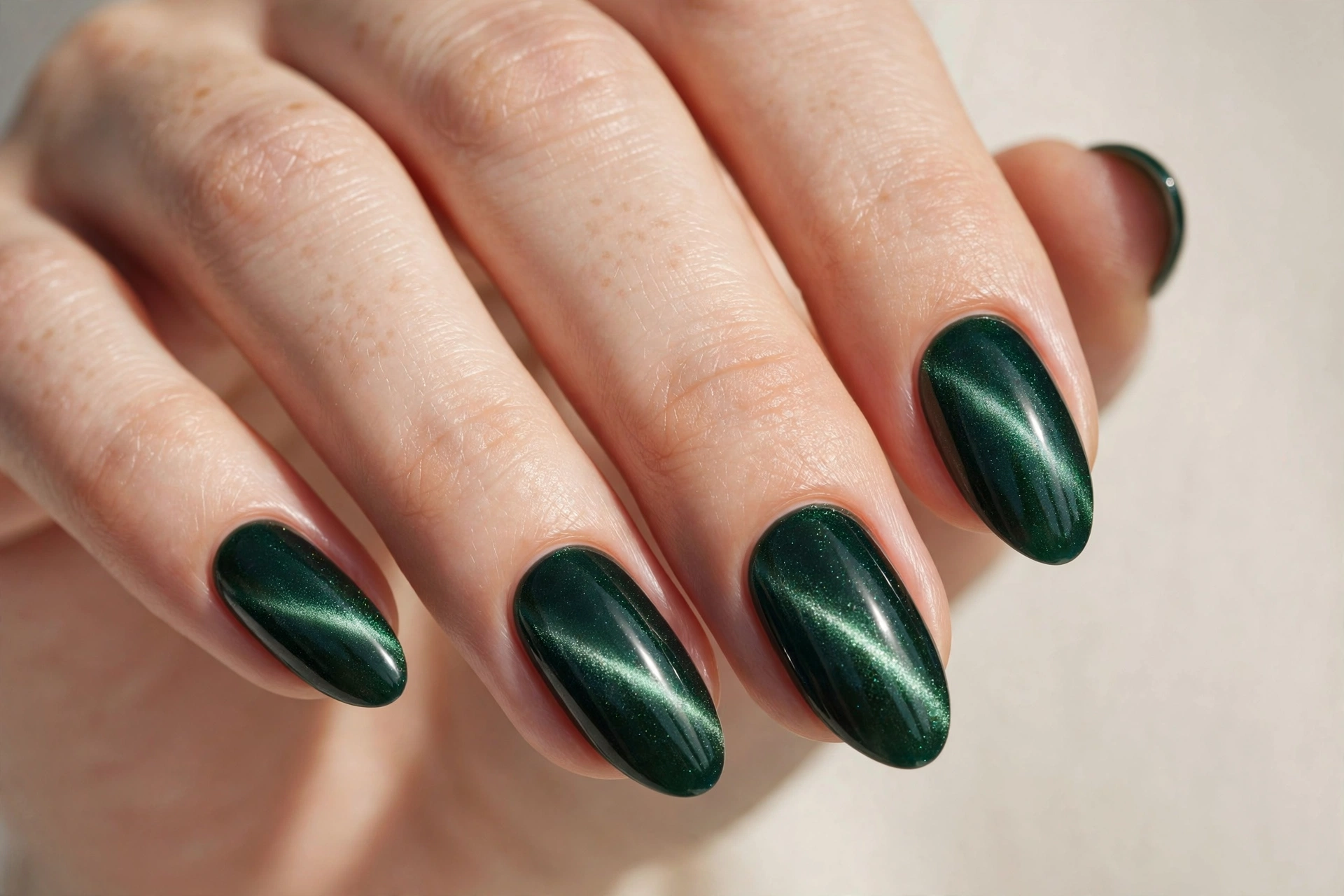 Cat-eye magnetic nail design 2025 in deep emerald green shimmer