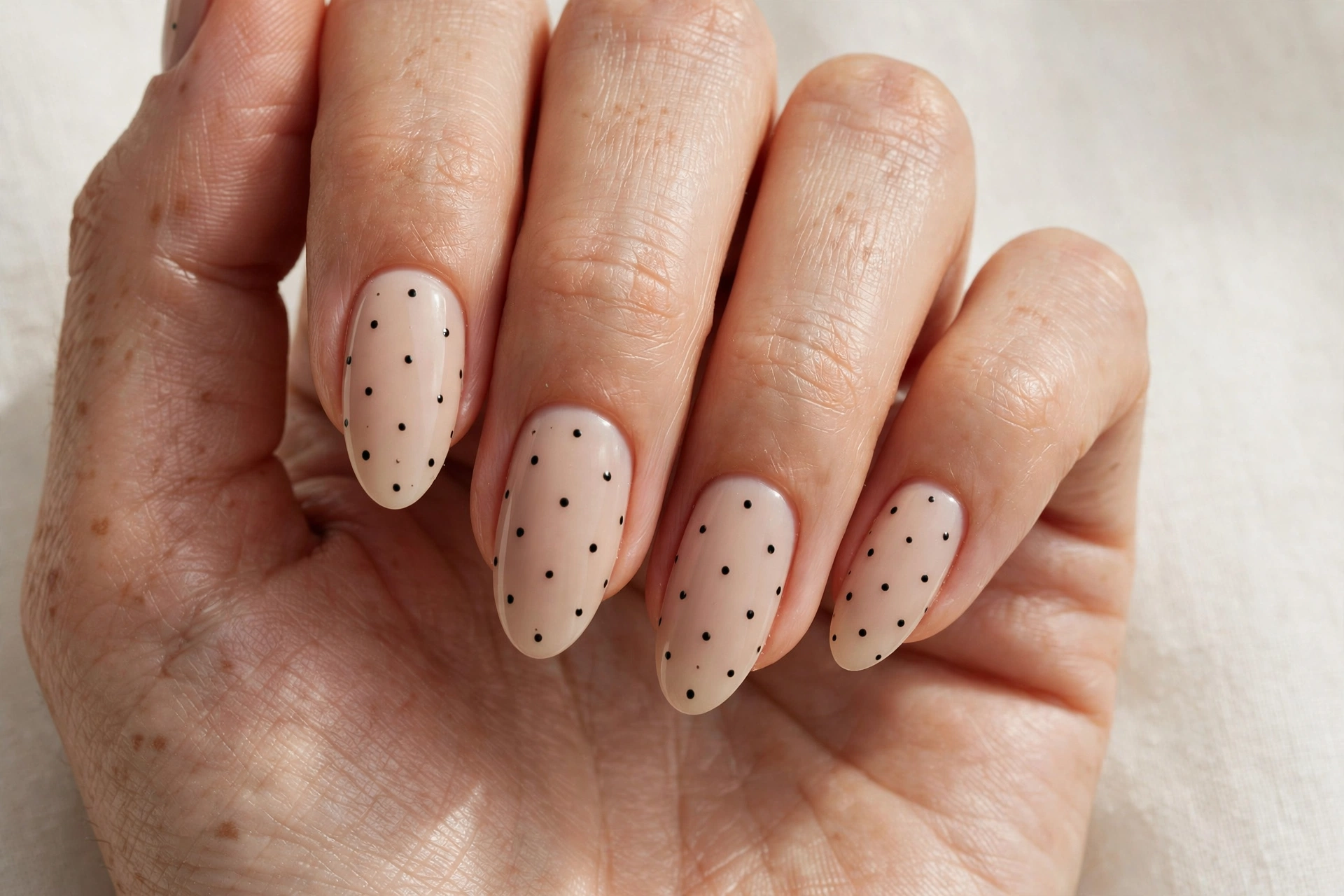 Minimalist nail design 2025 with nude base and tiny black polka dots