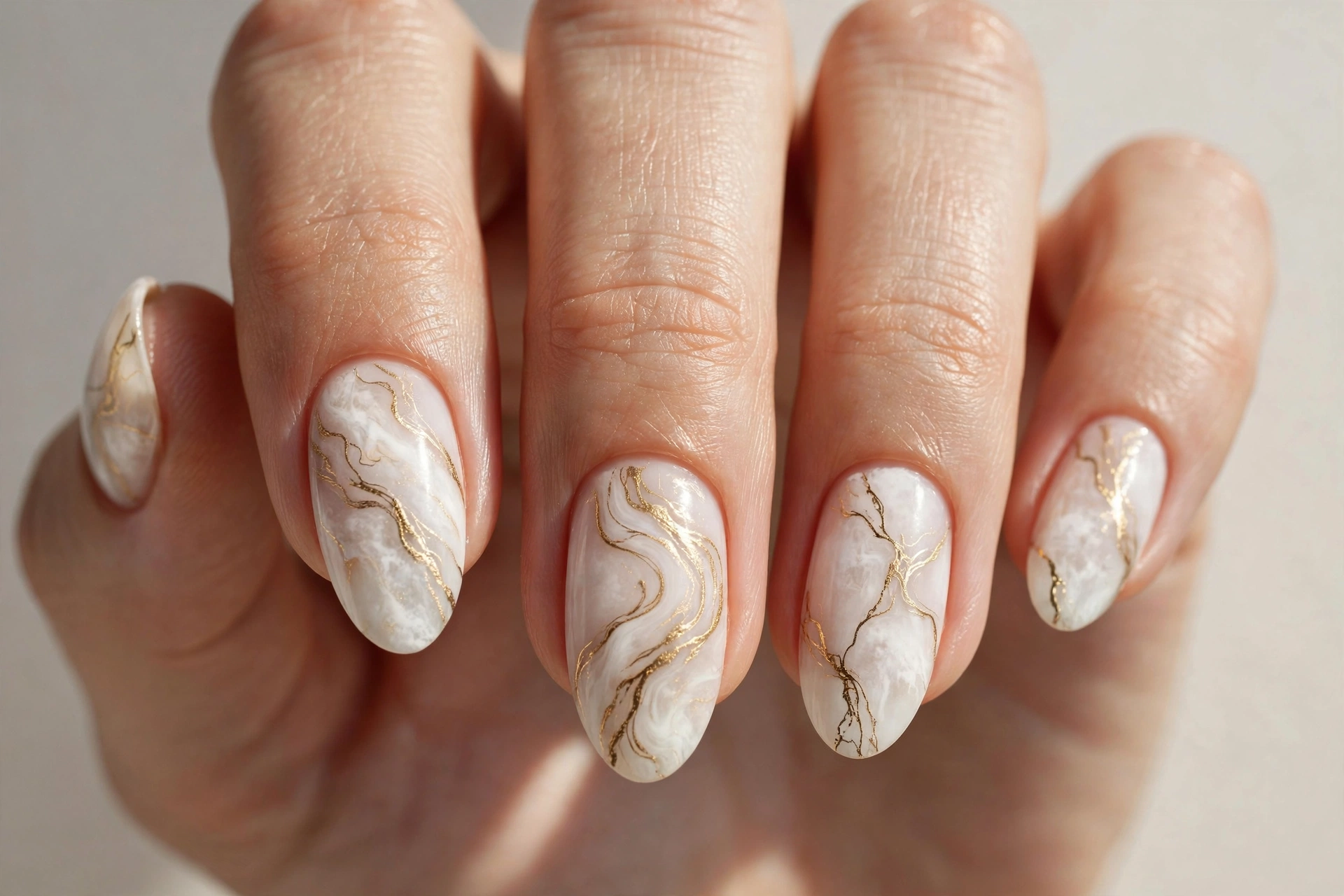 White marble nail design 2025 with fine gold veins in almond shape