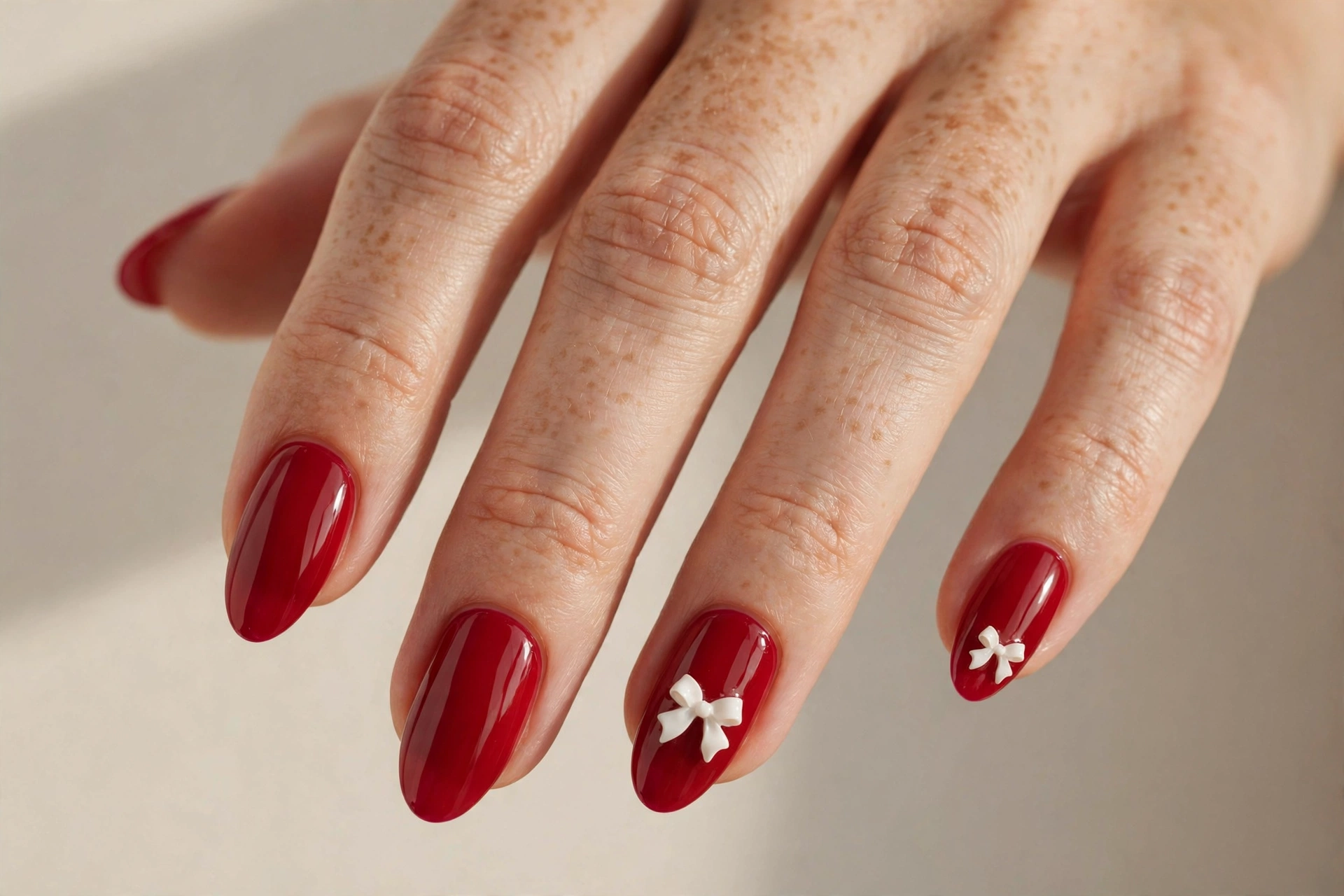 Cherry red nail design 2025 with tiny white bow accents