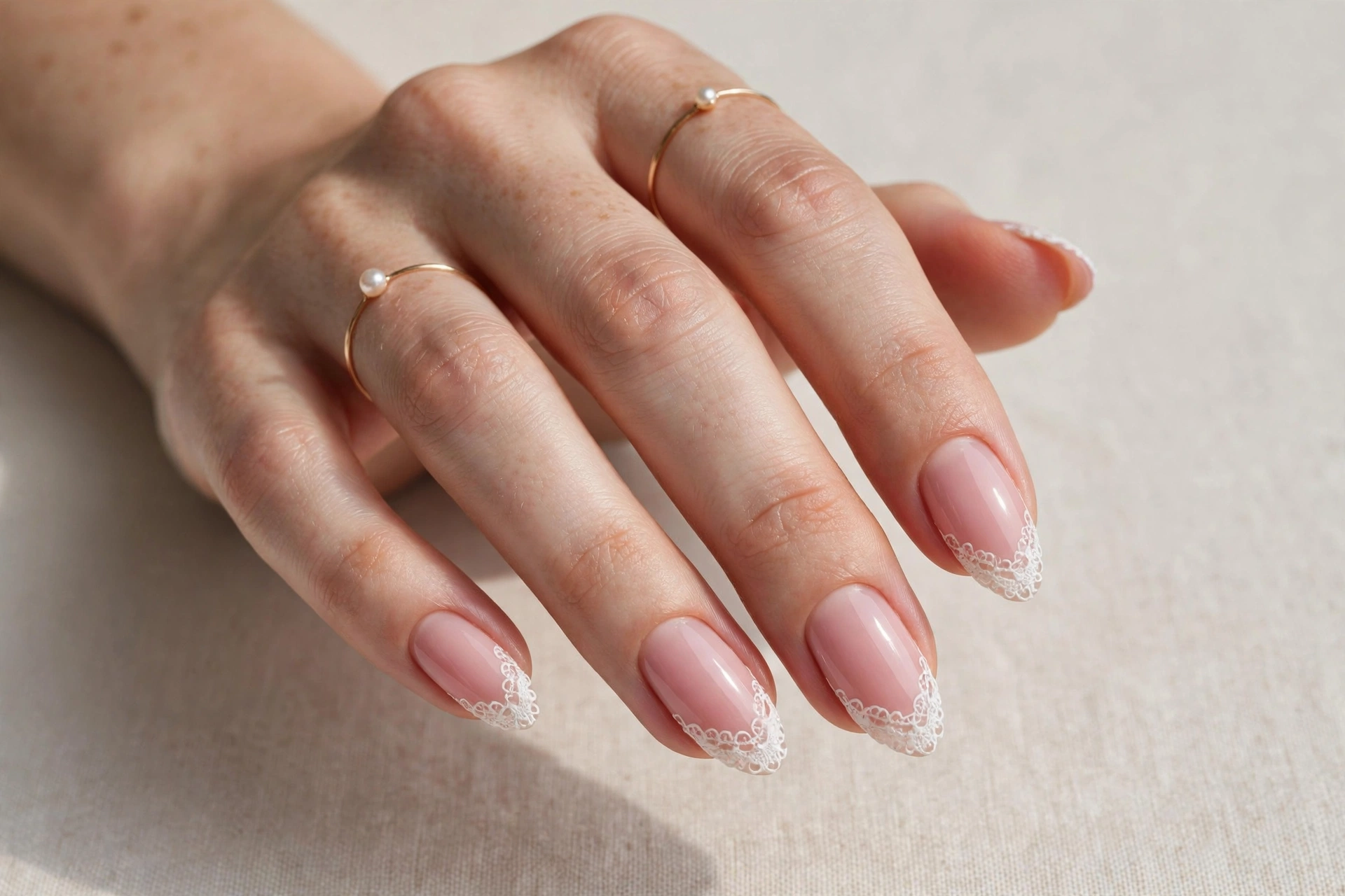 Coquette nail design 2025 with soft pink base and white lace-edge tips