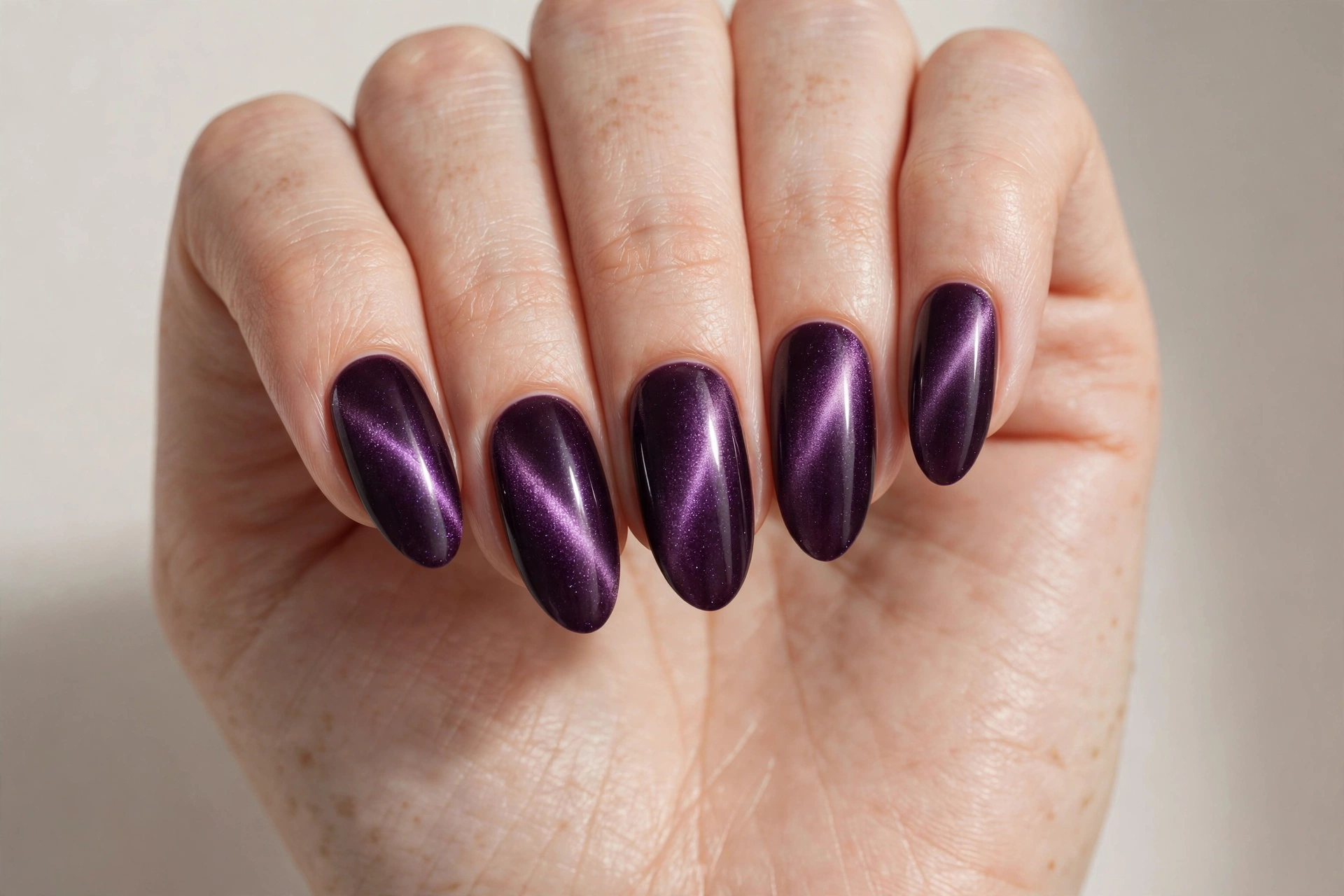 Velvet plum cat-eye nail design 2025 with deep purple magnetic shimmer