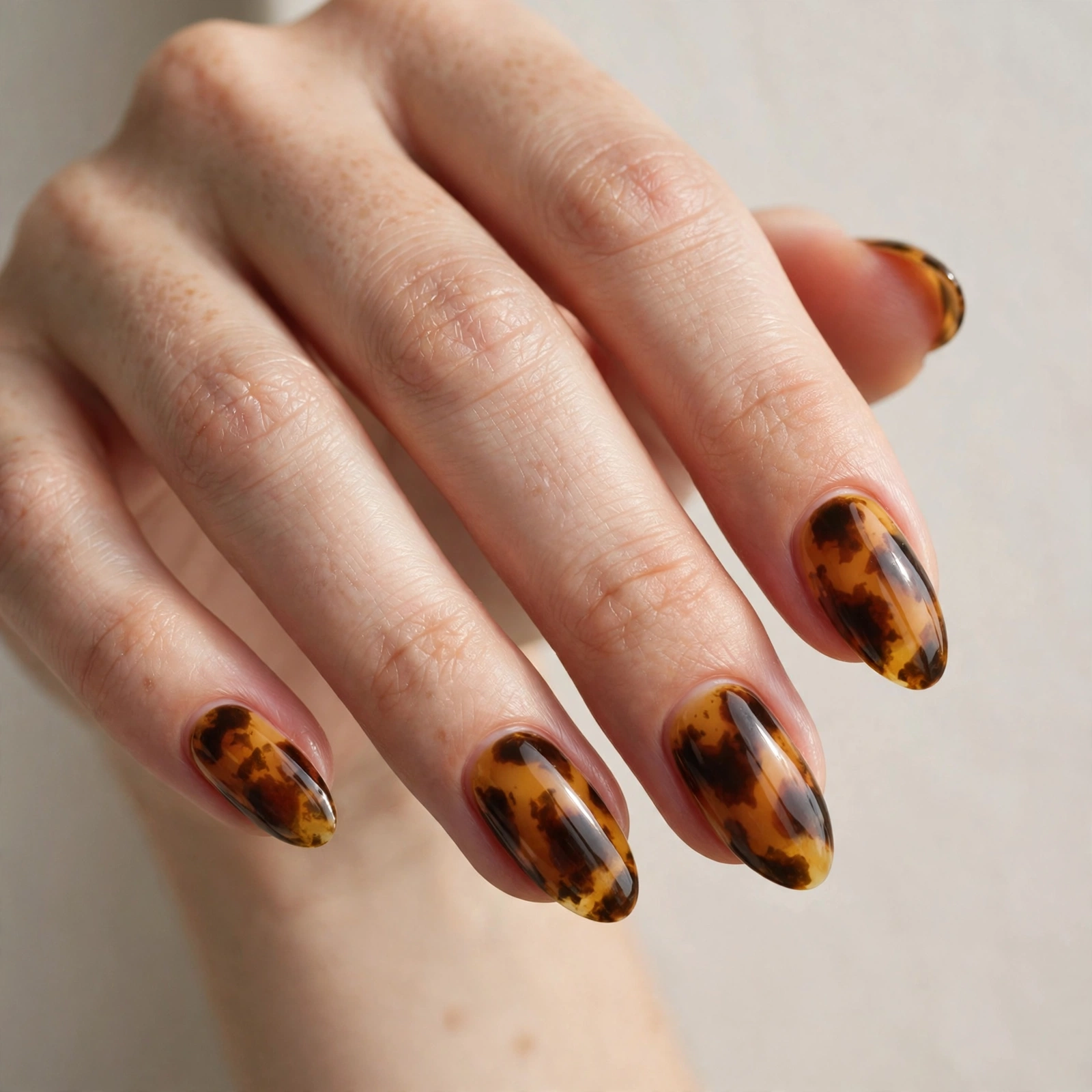 Tortoise shell nail design 2025 with amber and brown marbled pattern
