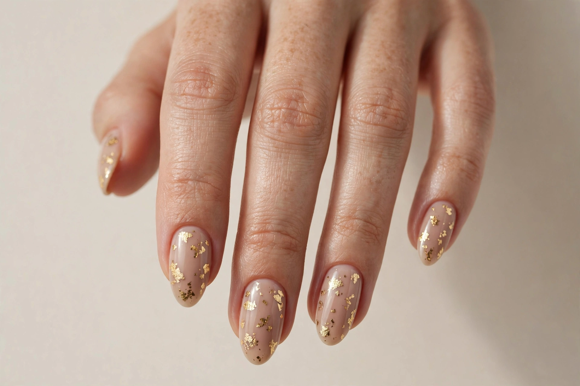 Gold foil nail design 2025 with metallic flakes scattered on a nude base