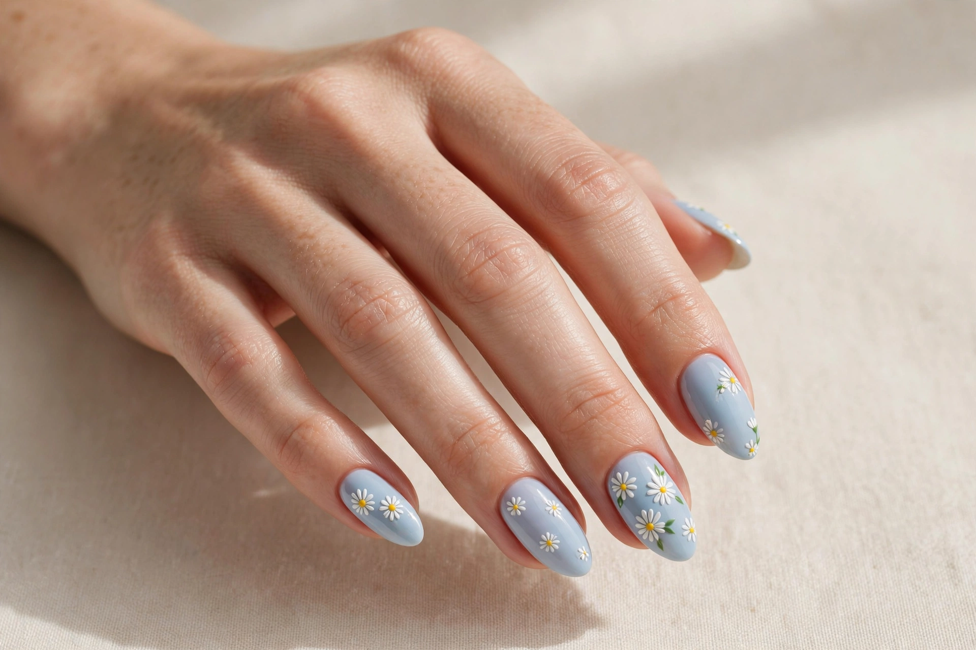 Daisy flower nail art 2025 with tiny white daisies on a pastel blue base