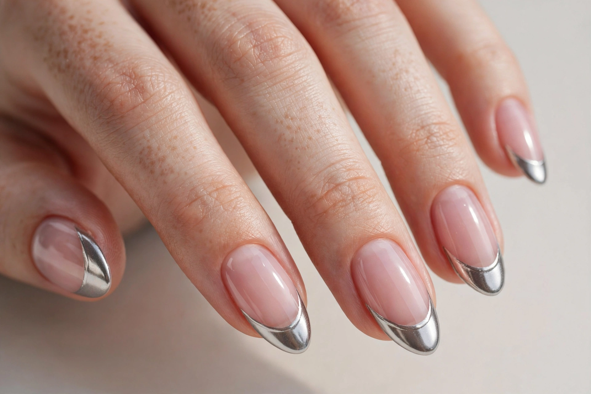 Glazed silver tip nail design 2025 with chrome French tips on a sheer pink base