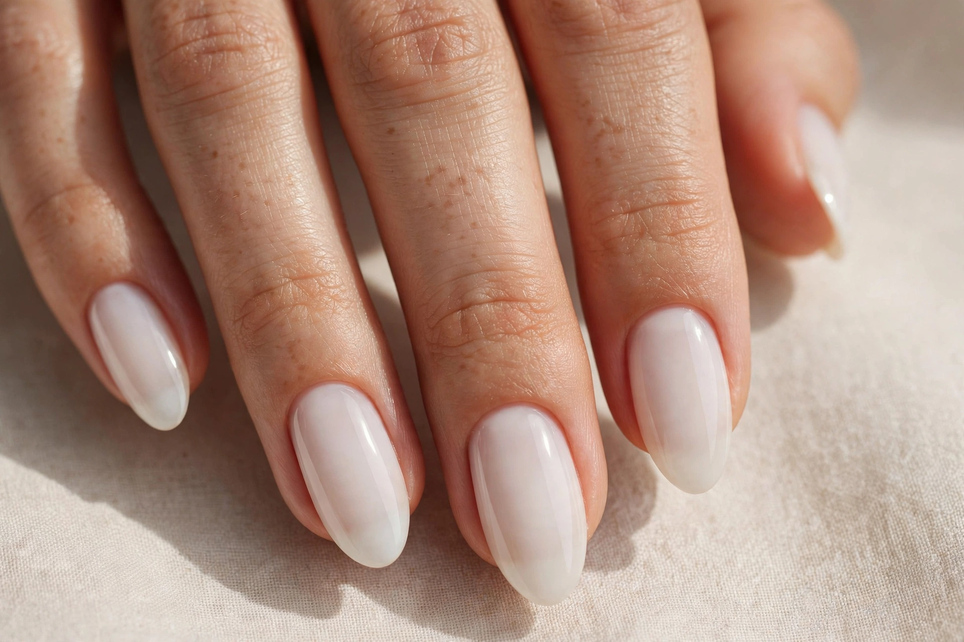 Milky white nail design 2025 with creamy translucent polish on almond nails