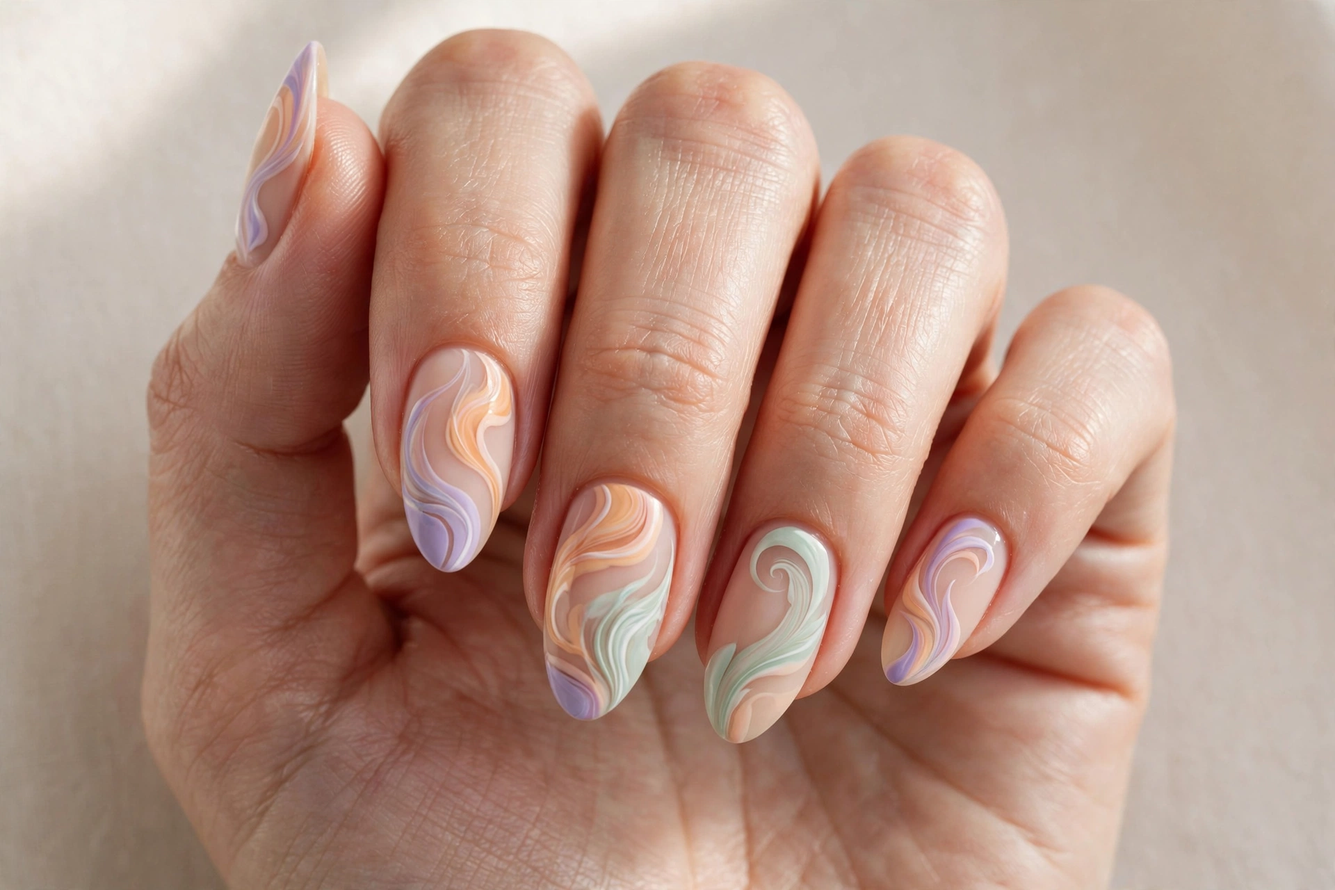 Pastel swirl nail art 2025 with lilac peach and mint waves on a nude base