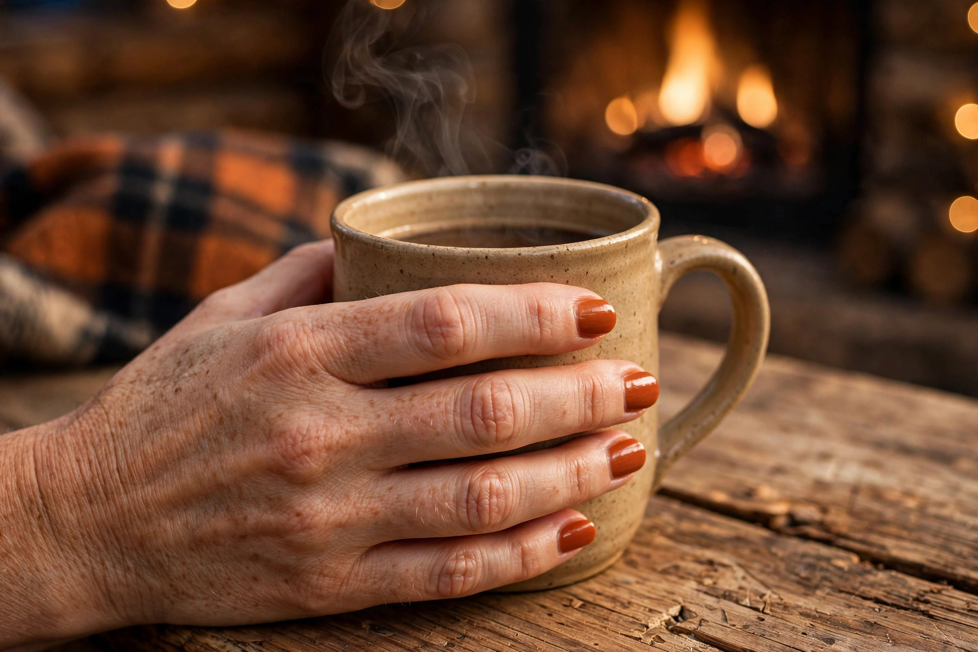 Rust orange creme fall nails on a hand holding a warm mug by a fireplace