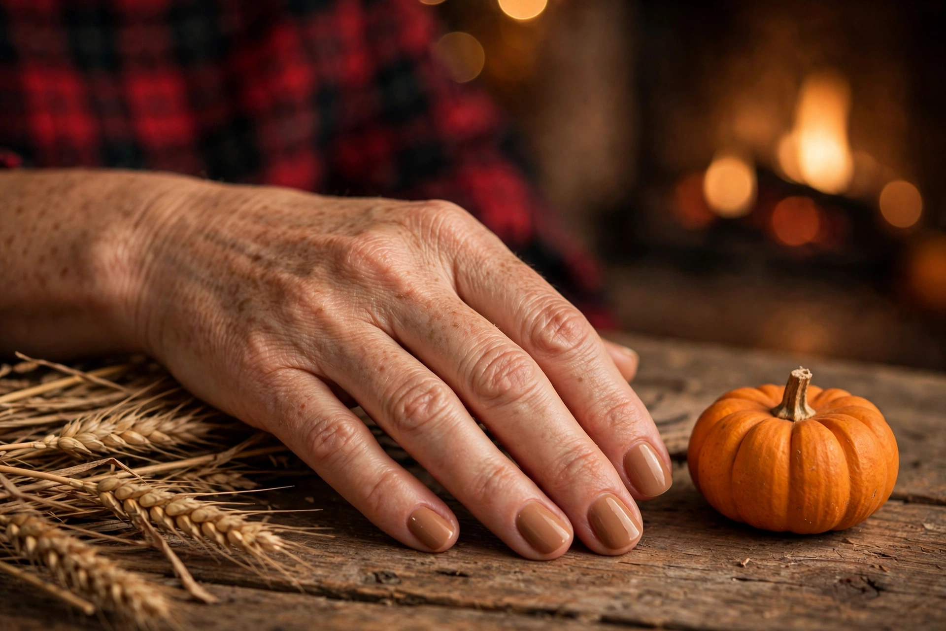 Warm caramel nude pumpkin spice latte fall nails on short rounded nails