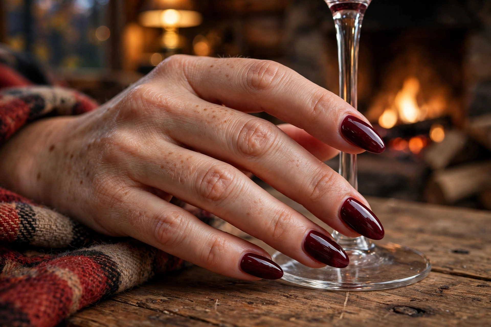 Deep burgundy wine glossy fall nails on long almond nails by a wine glass