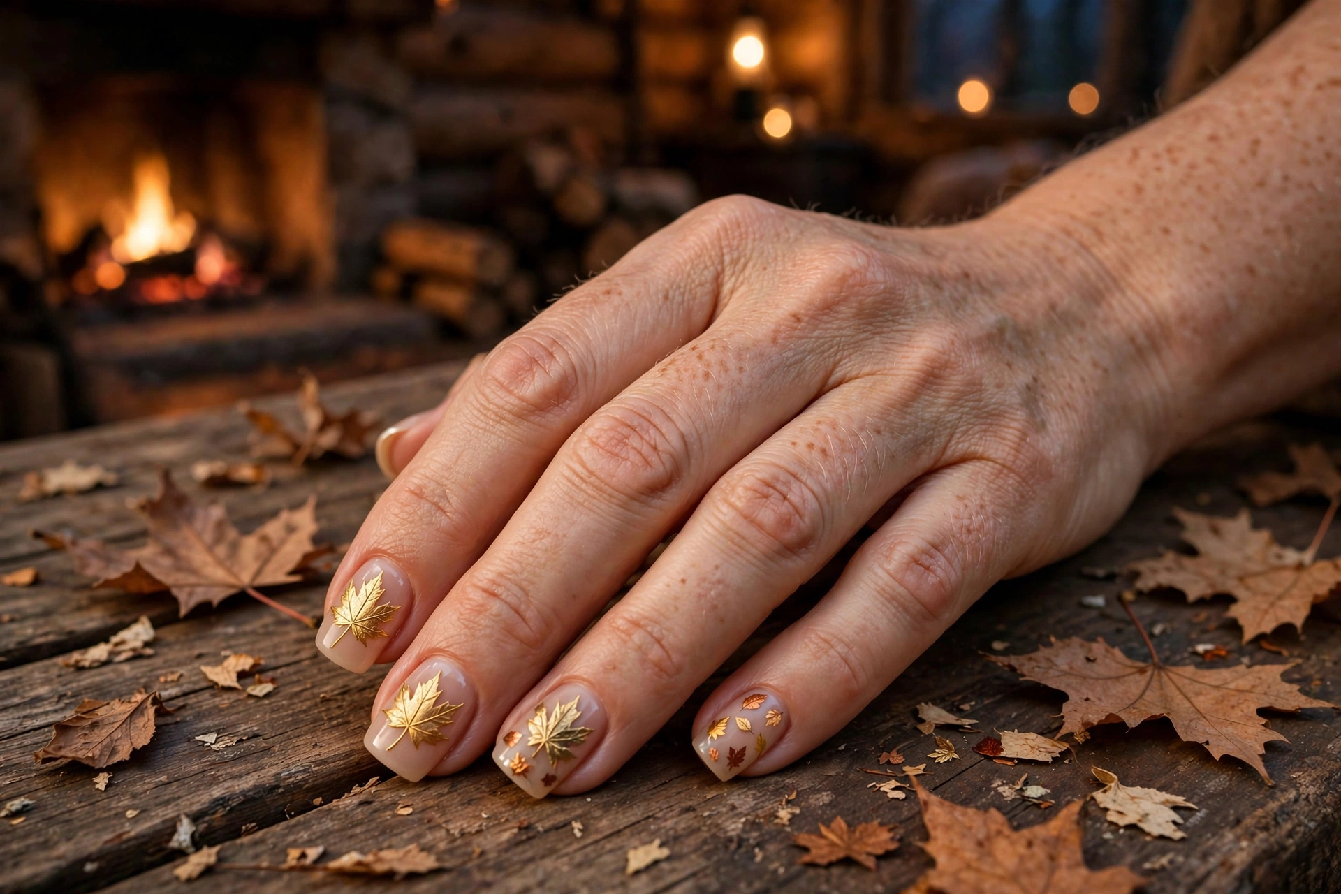 Golden maple leaf nail art on sheer nude fall nails with autumn leaves nearby