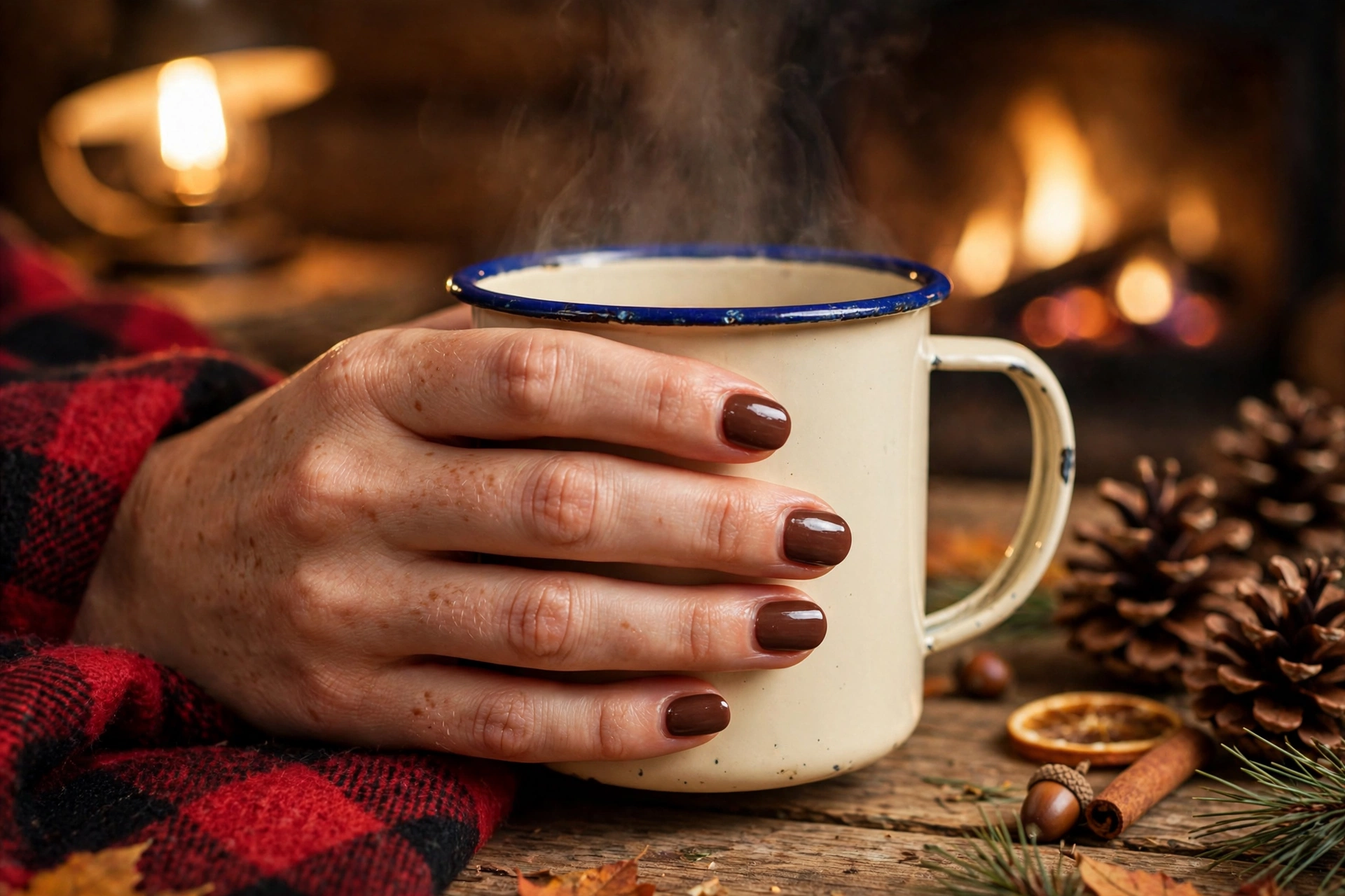 Rich chocolate brown glossy fall nails on medium oval nails holding a mug