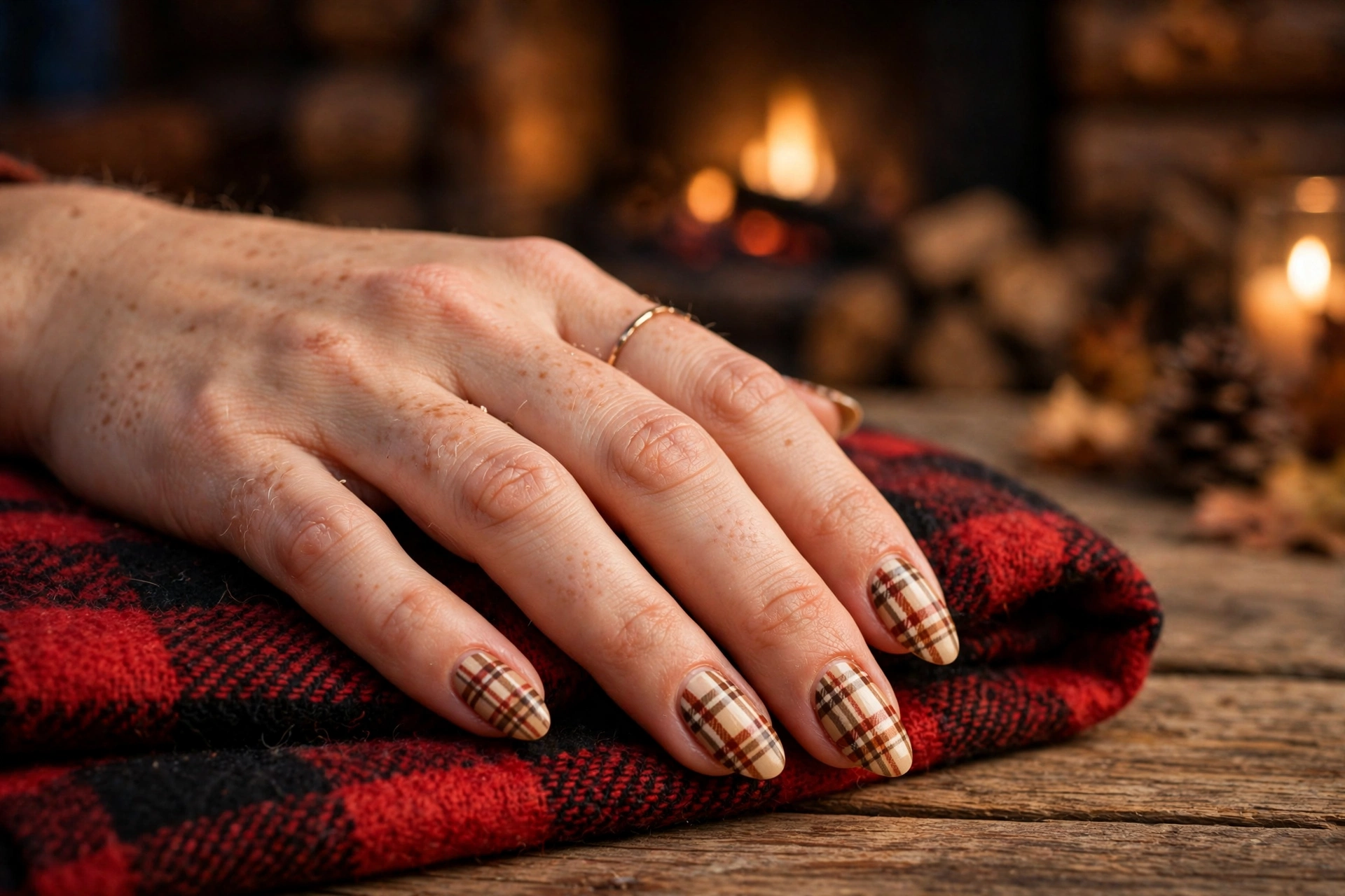 Plaid flannel nail art in warm browns and cream on almond fall nails