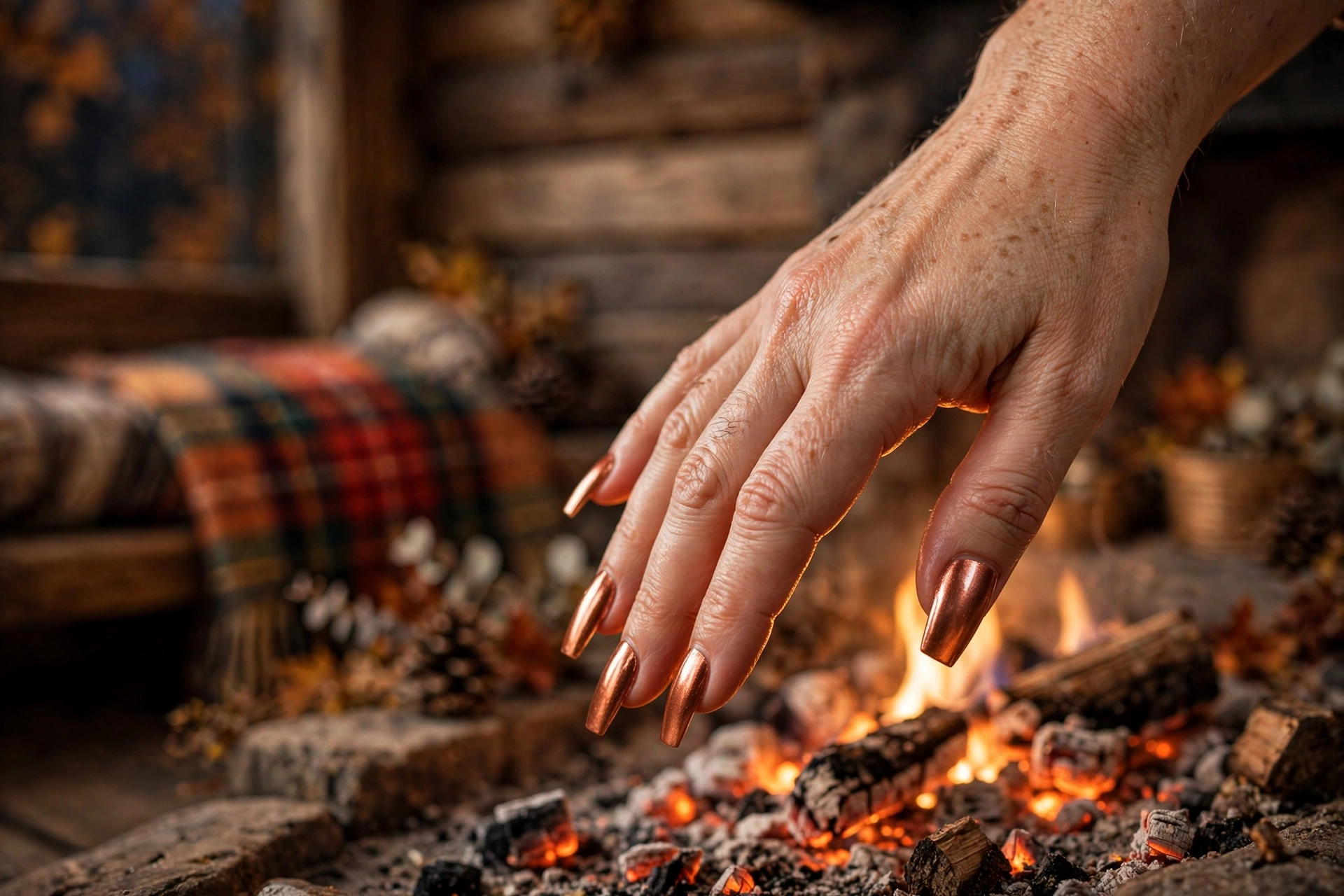 Reflective copper metallic fall nails on long coffin nails near a fireplace