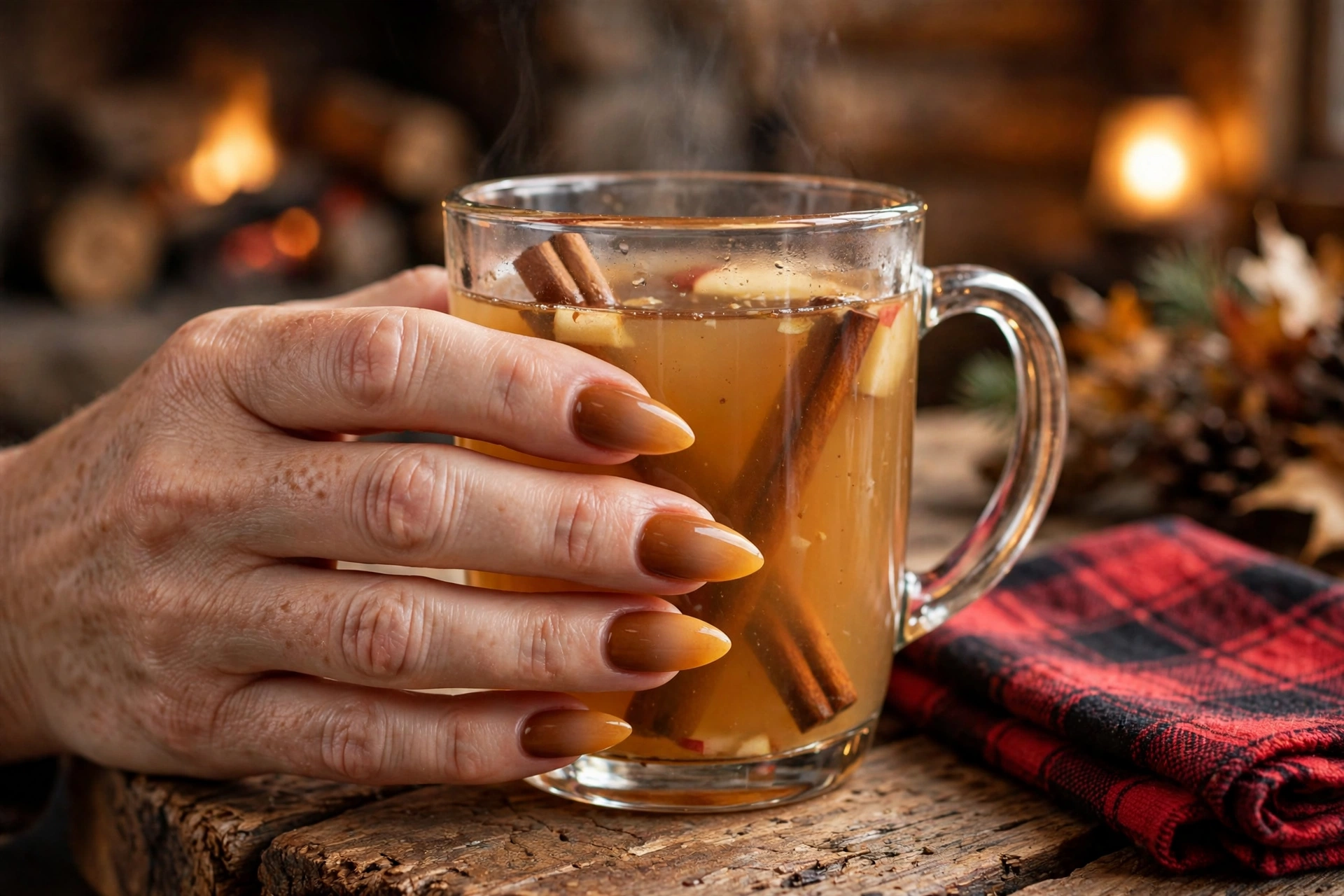 Apple cider ombre fall nails fading from caramel to amber on almond nails
