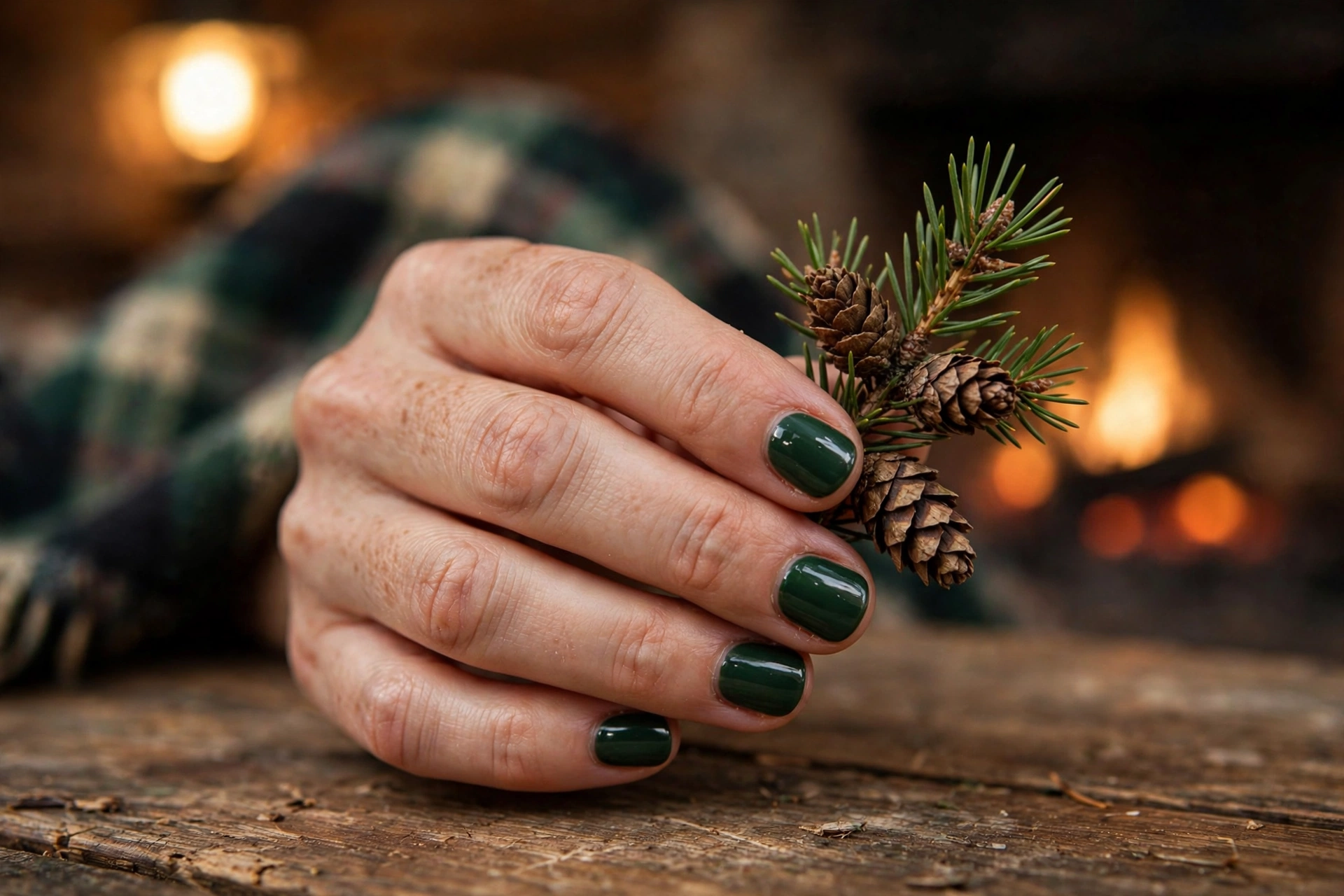 Deep forest pine green glossy fall nails on short squoval nails with pine branch
