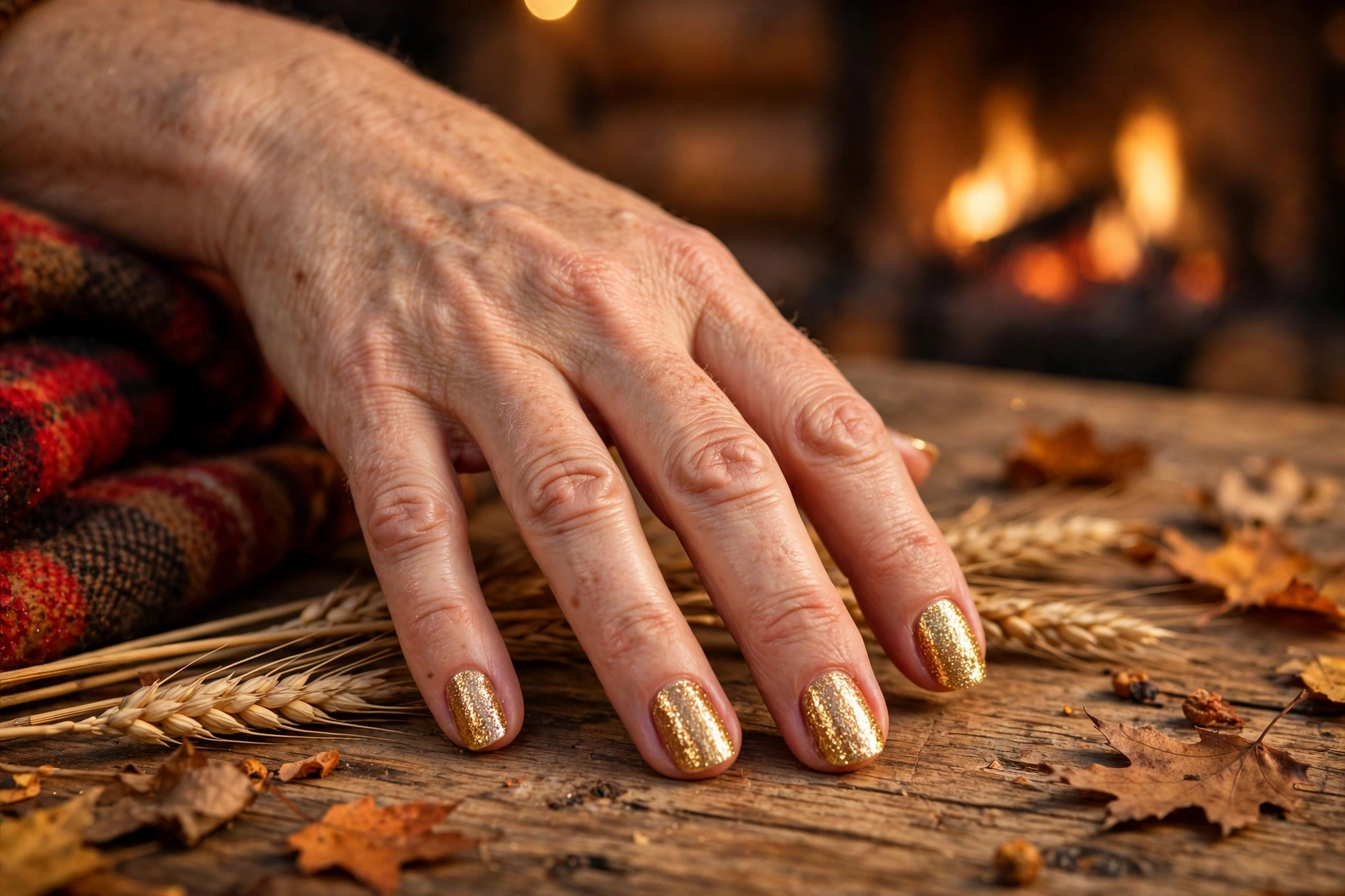 Full-coverage harvest gold glitter fall nails on medium oval nails
