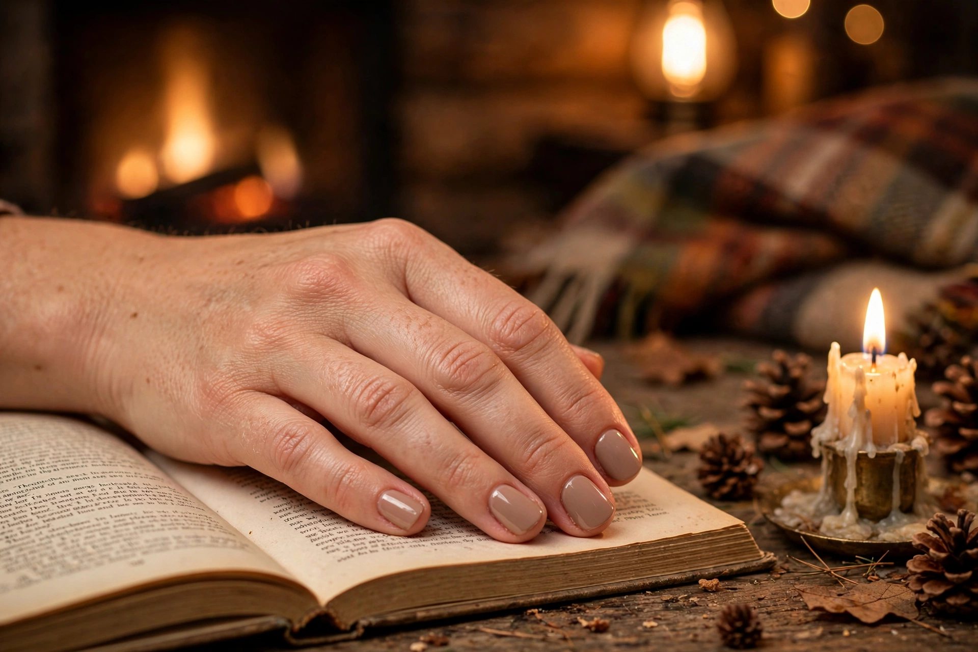 Warm taupe nude fall nails on short rounded nails beside a book and candle