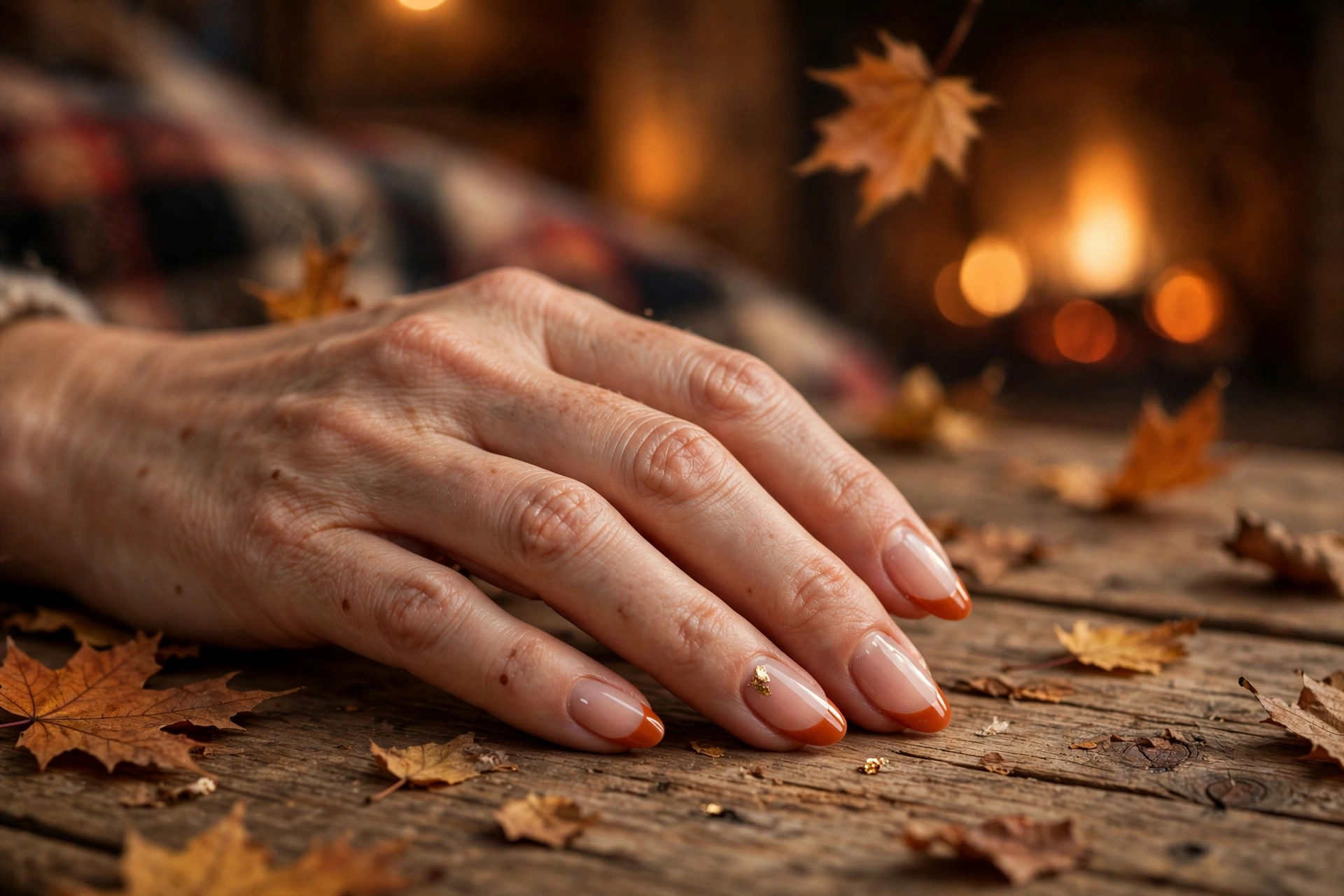 Falling leaves French fall nails with burnt orange tips and gold leaf accent