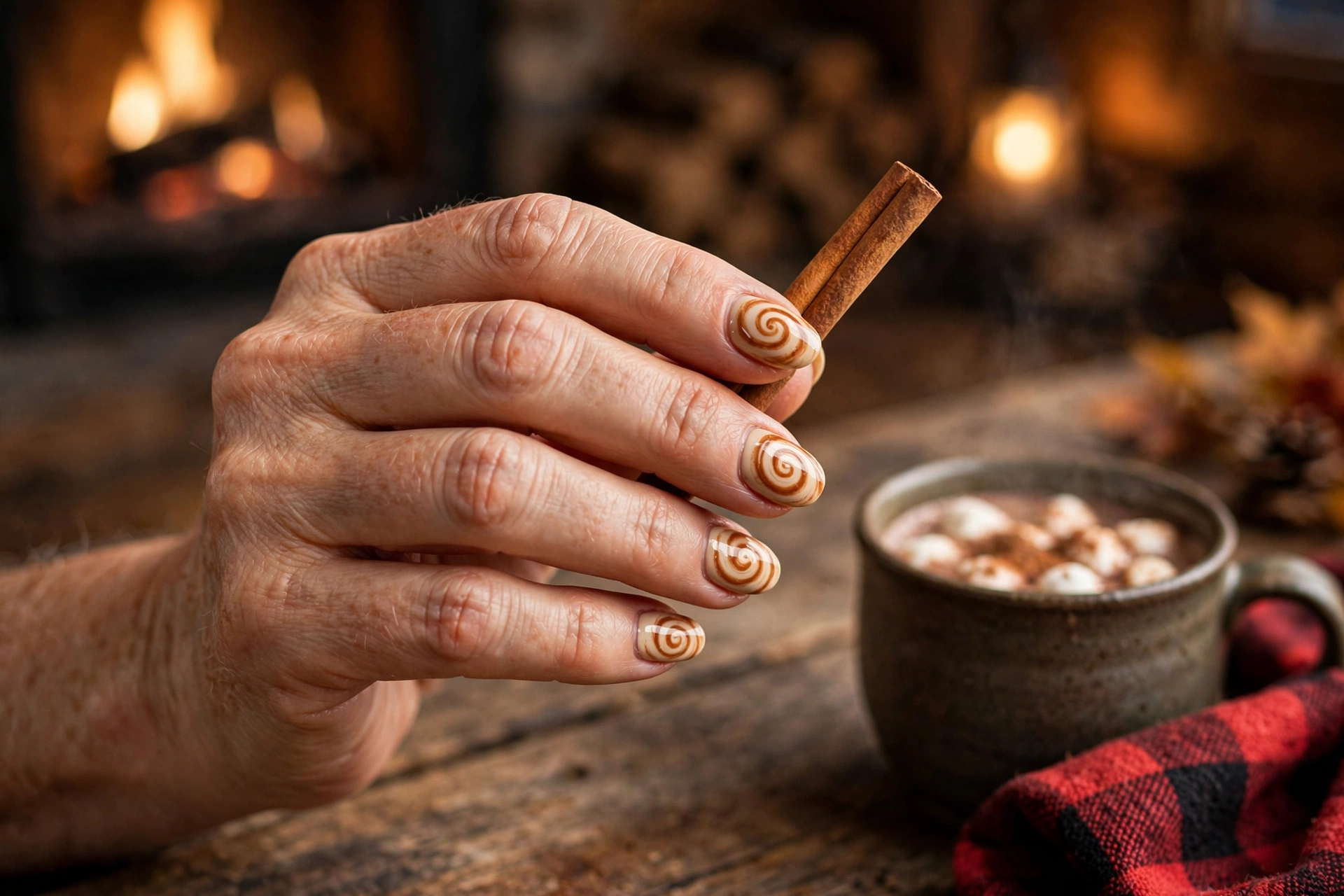 Cinnamon swirl nail art with warm brown swirls on creamy beige fall nails
