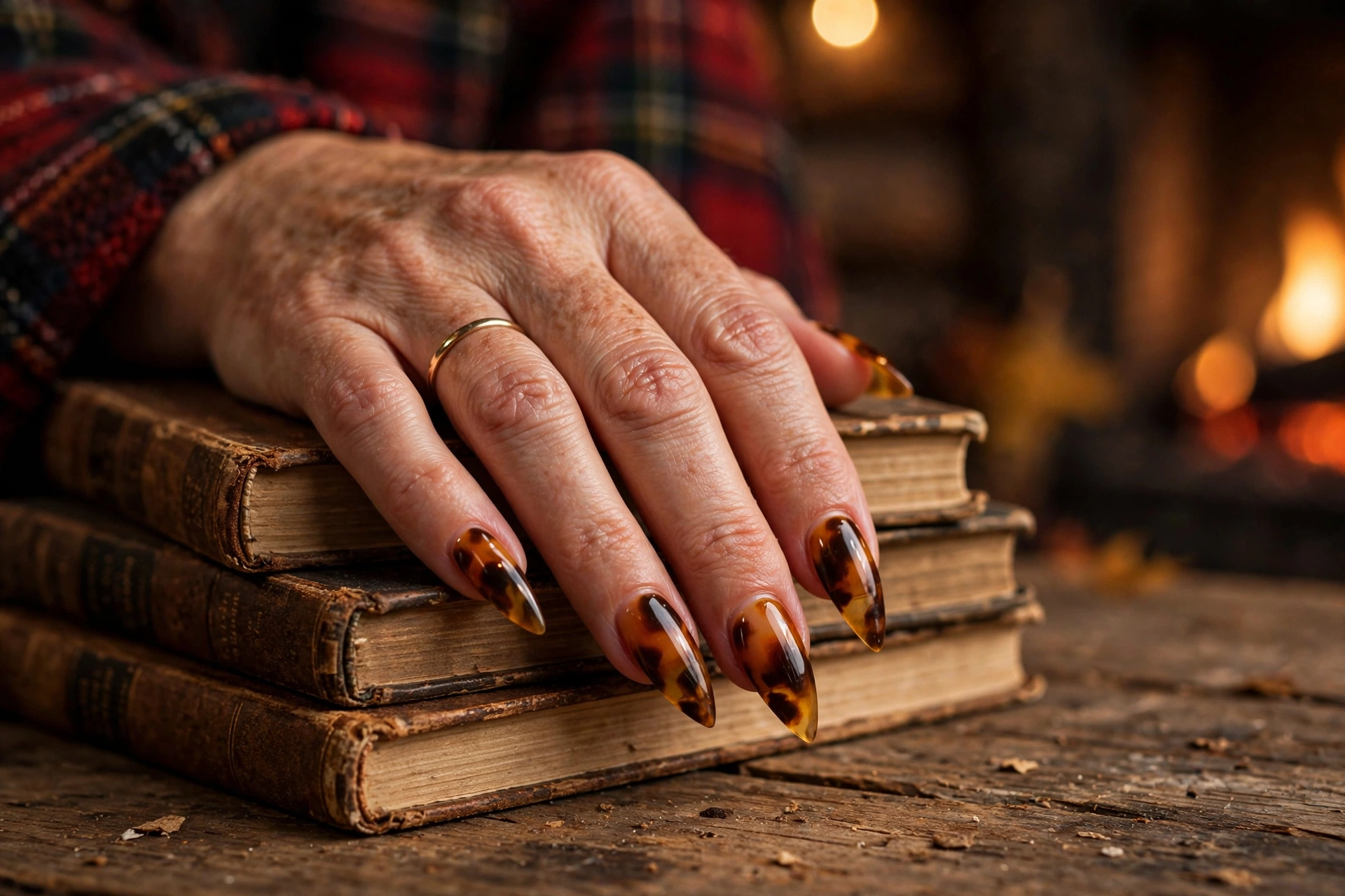 Amber tortoiseshell nail art in caramel and deep brown on long stiletto nails