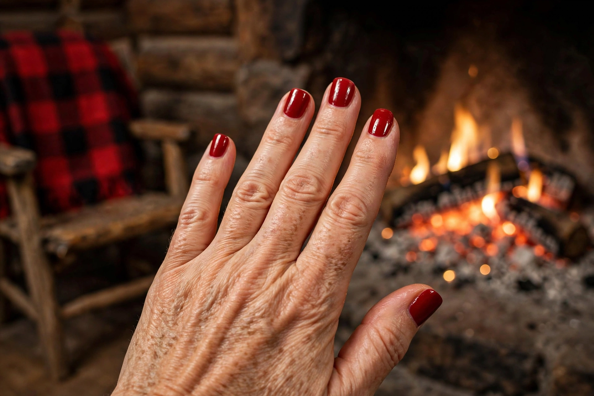 Fireside brick red glossy fall nails on medium square nails near a fireplace