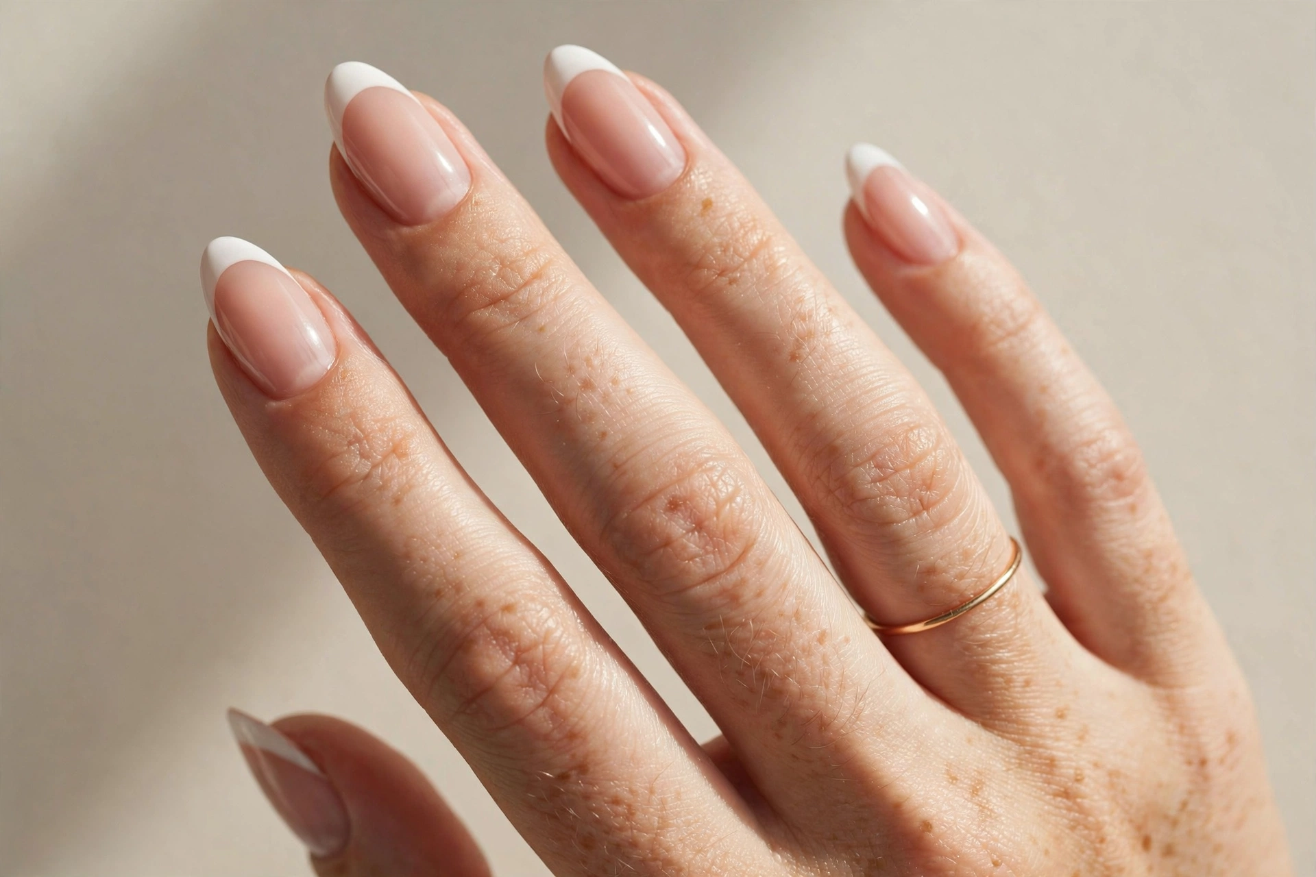 Classic white French tip manicure on almond shaped nails