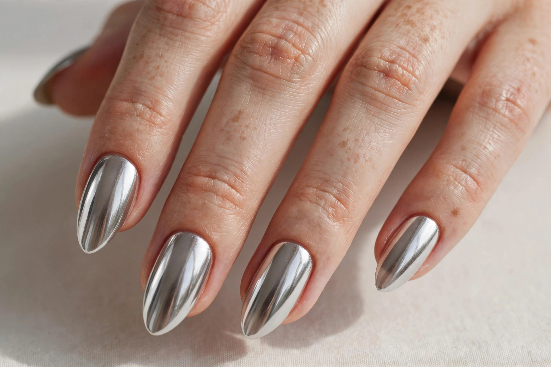 Mirror shine silver chrome manicure on almond nails