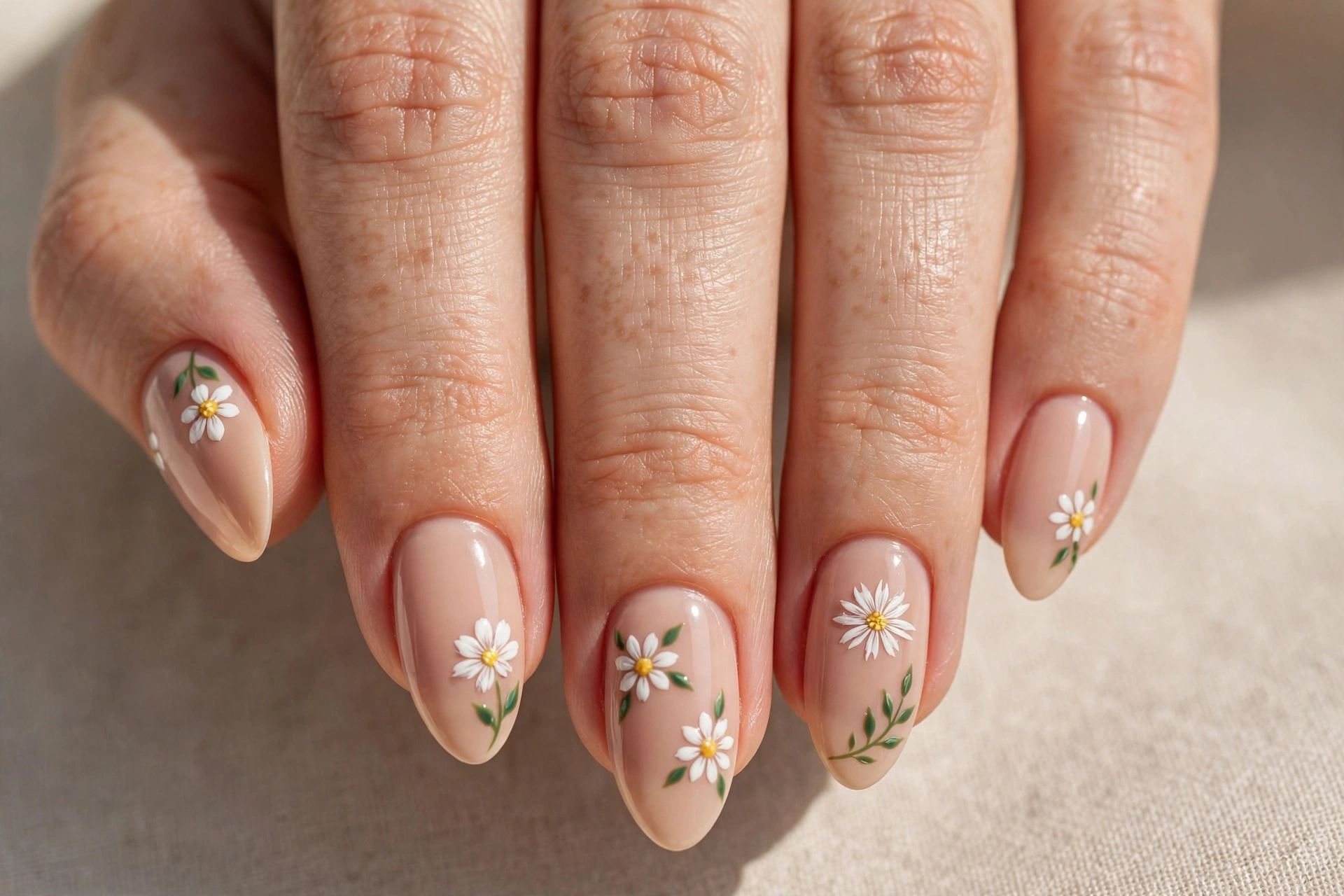 White daisy floral nail art on nude base