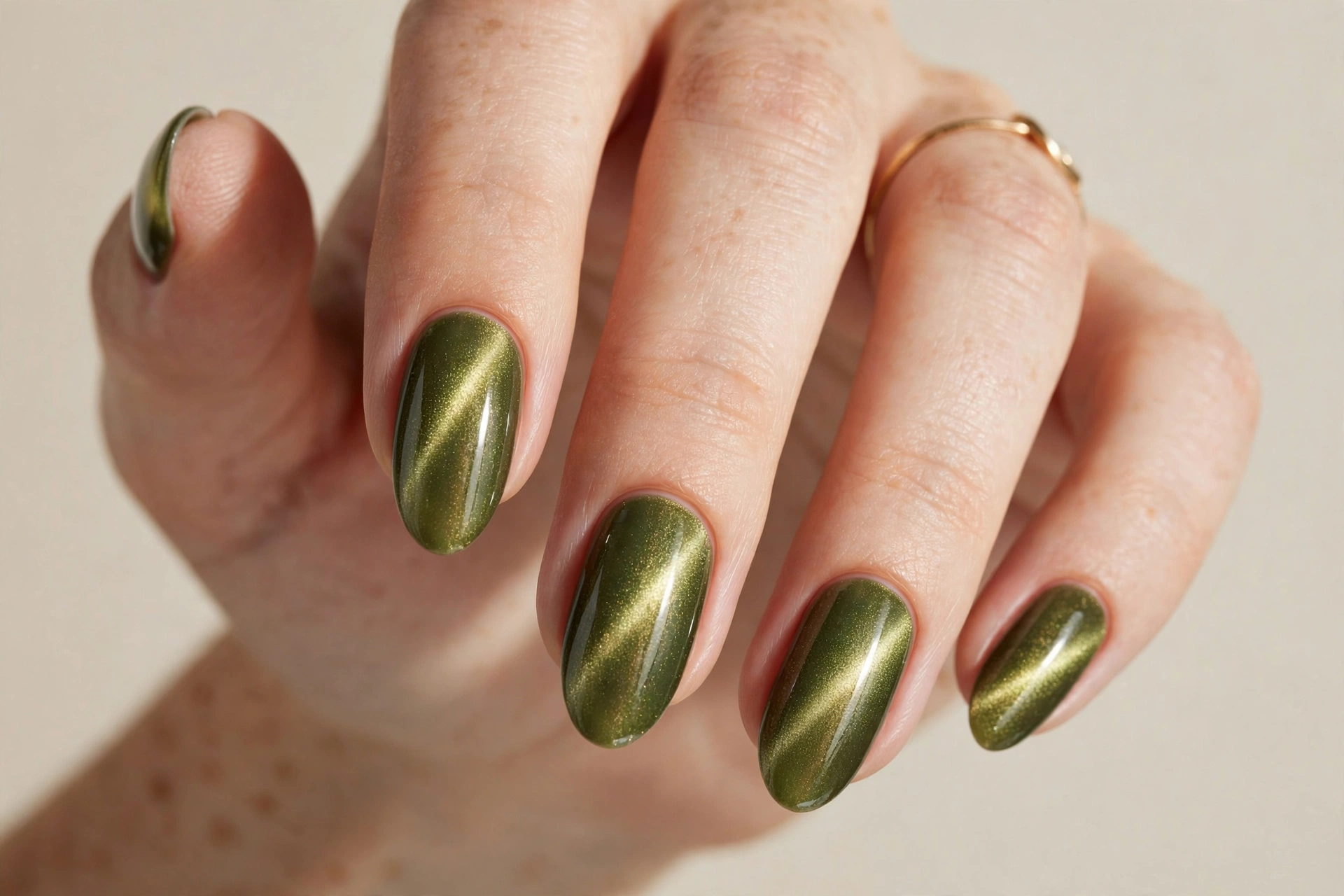 Cat eye magnetic shimmer olive green manicure