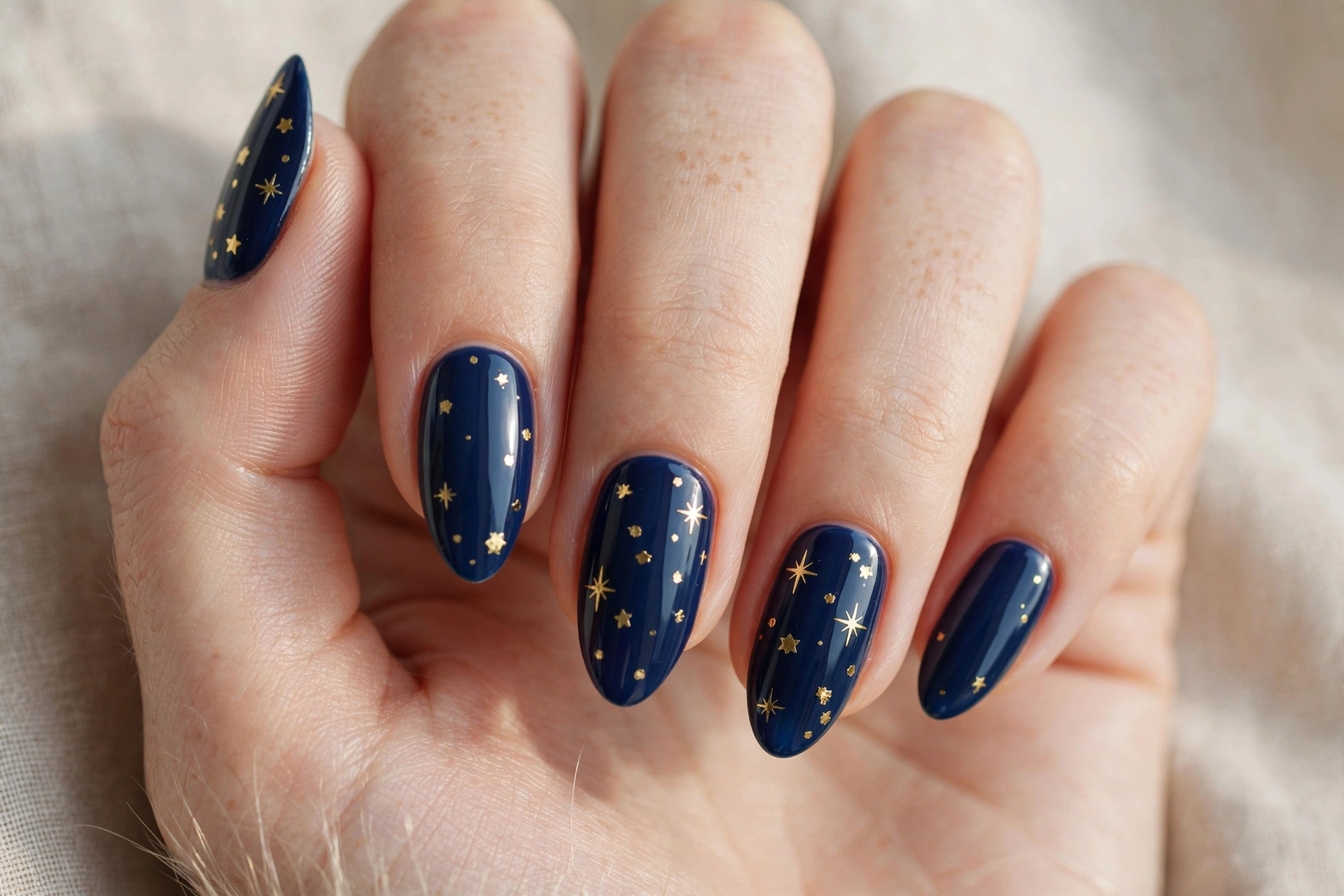 Navy blue manicure with tiny gold star decals