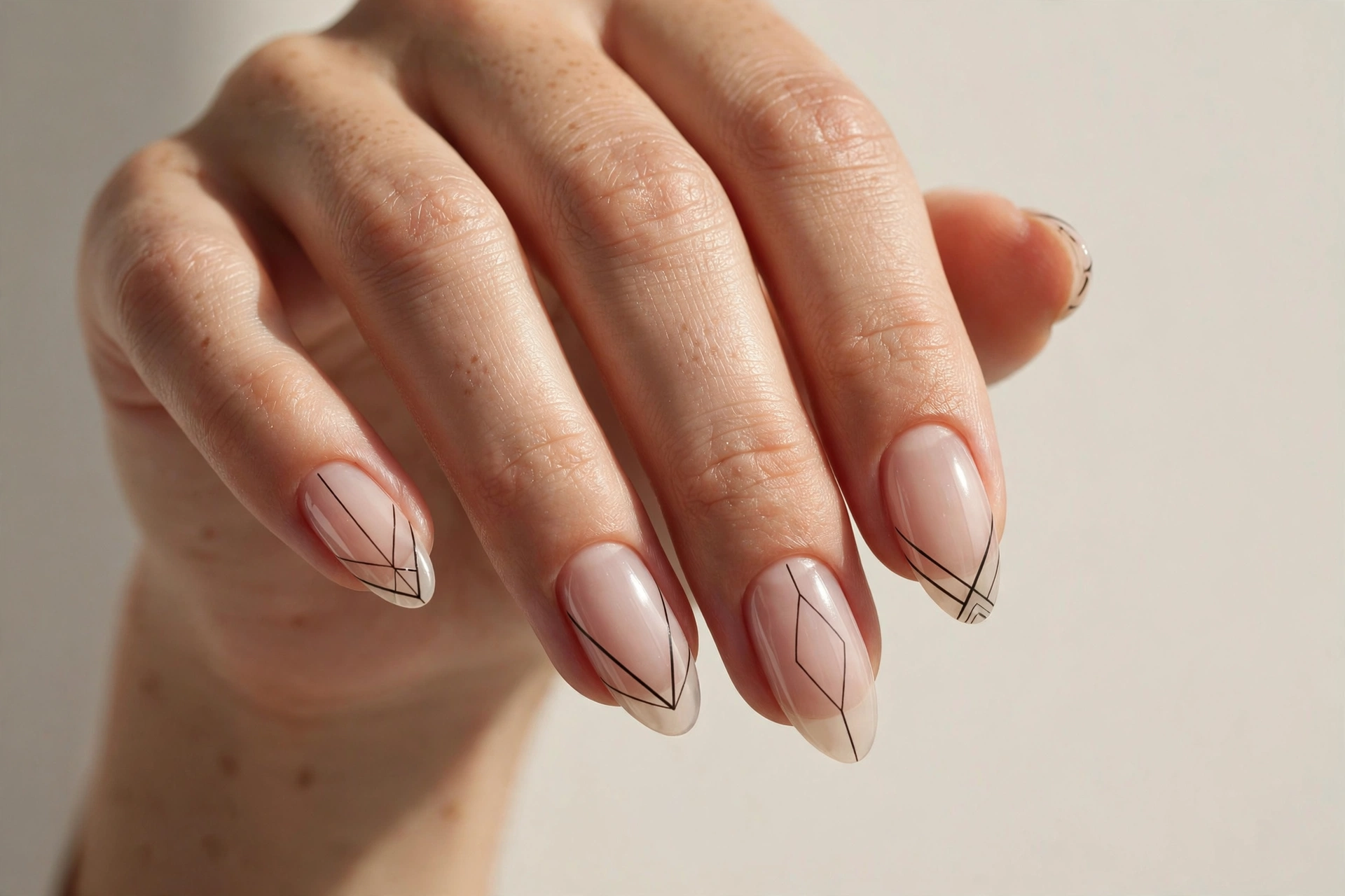 Negative space nail art with thin black geometric lines on clear base