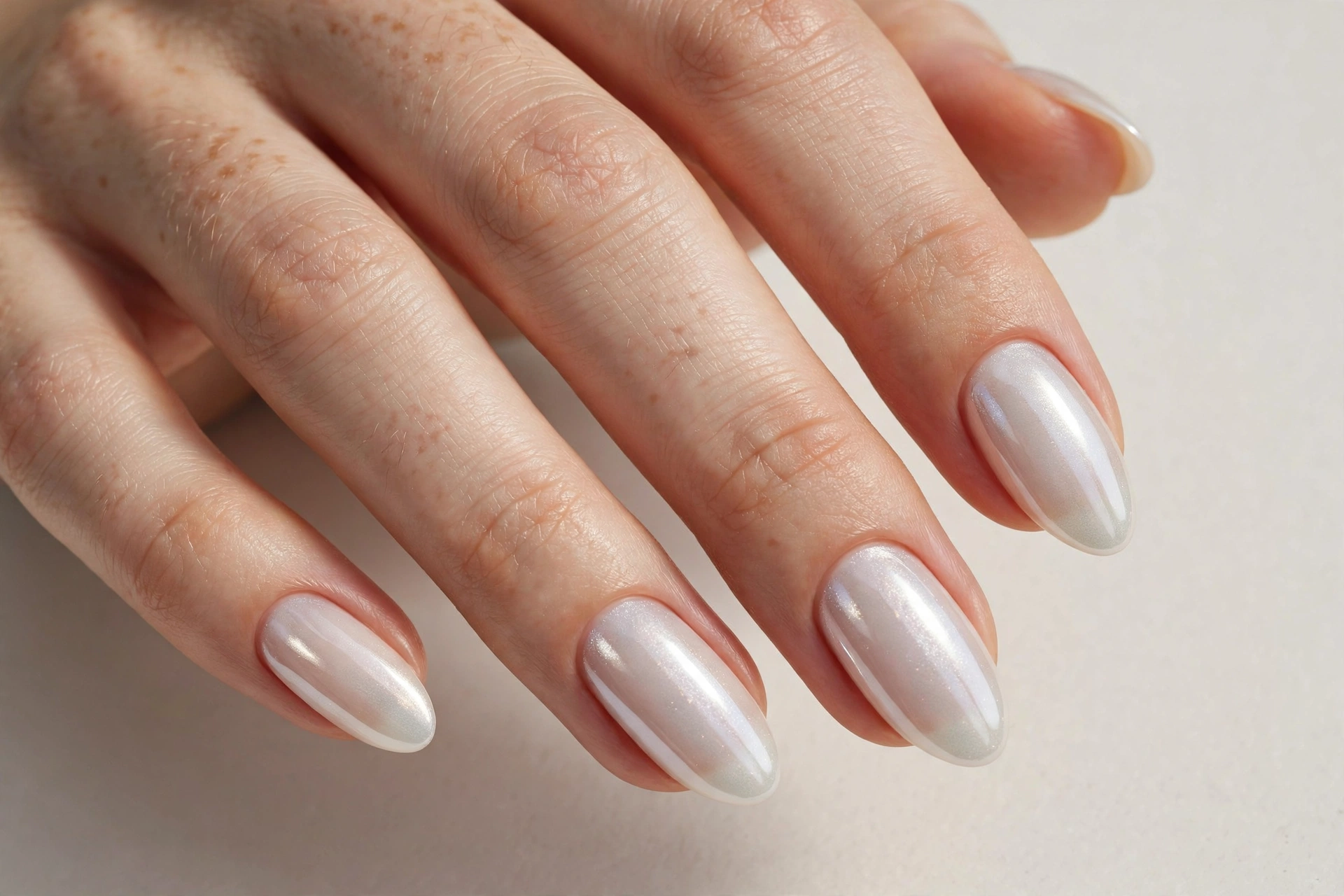 Glazed donut pearly white shimmer manicure