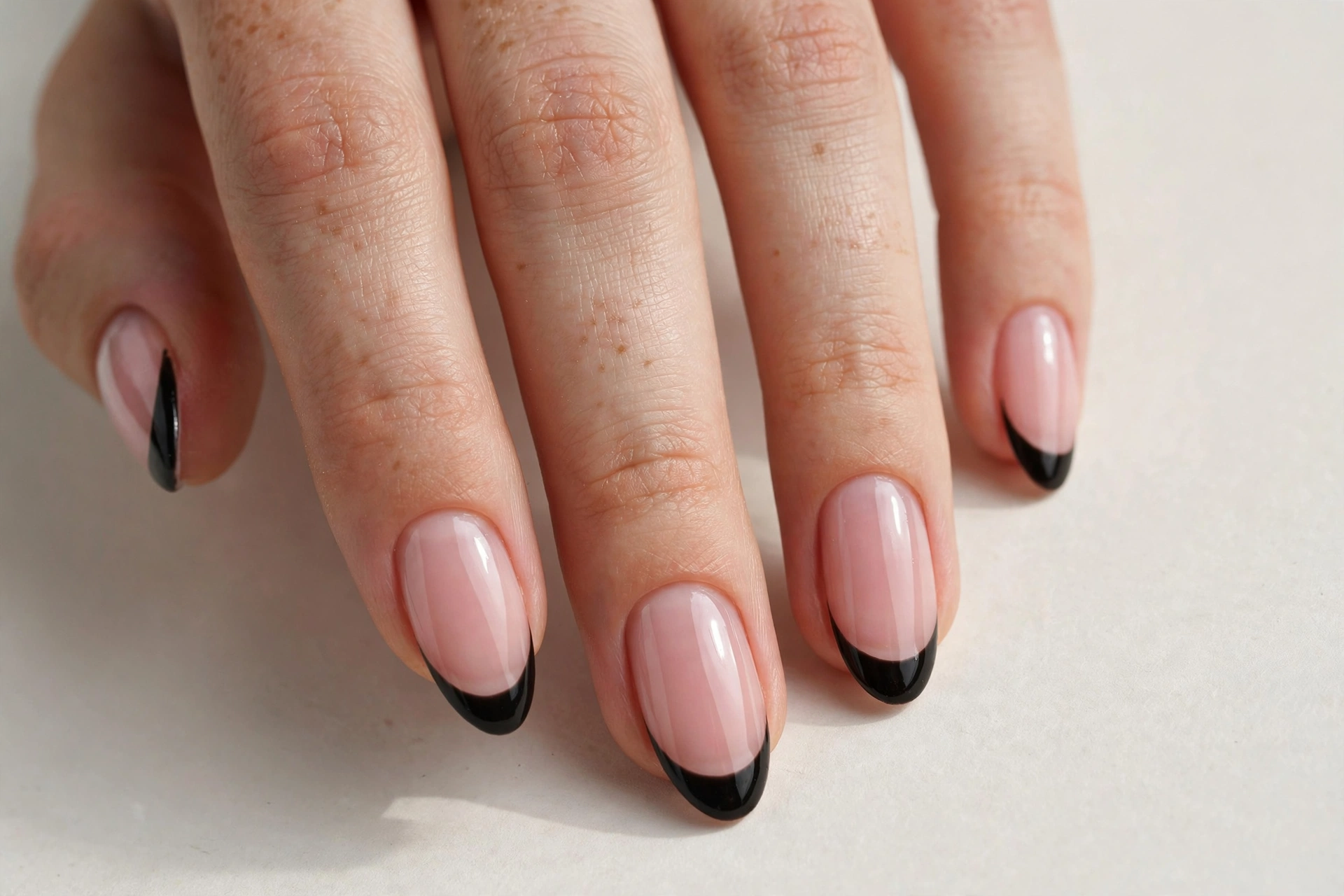 Black French tip manicure on sheer pink base