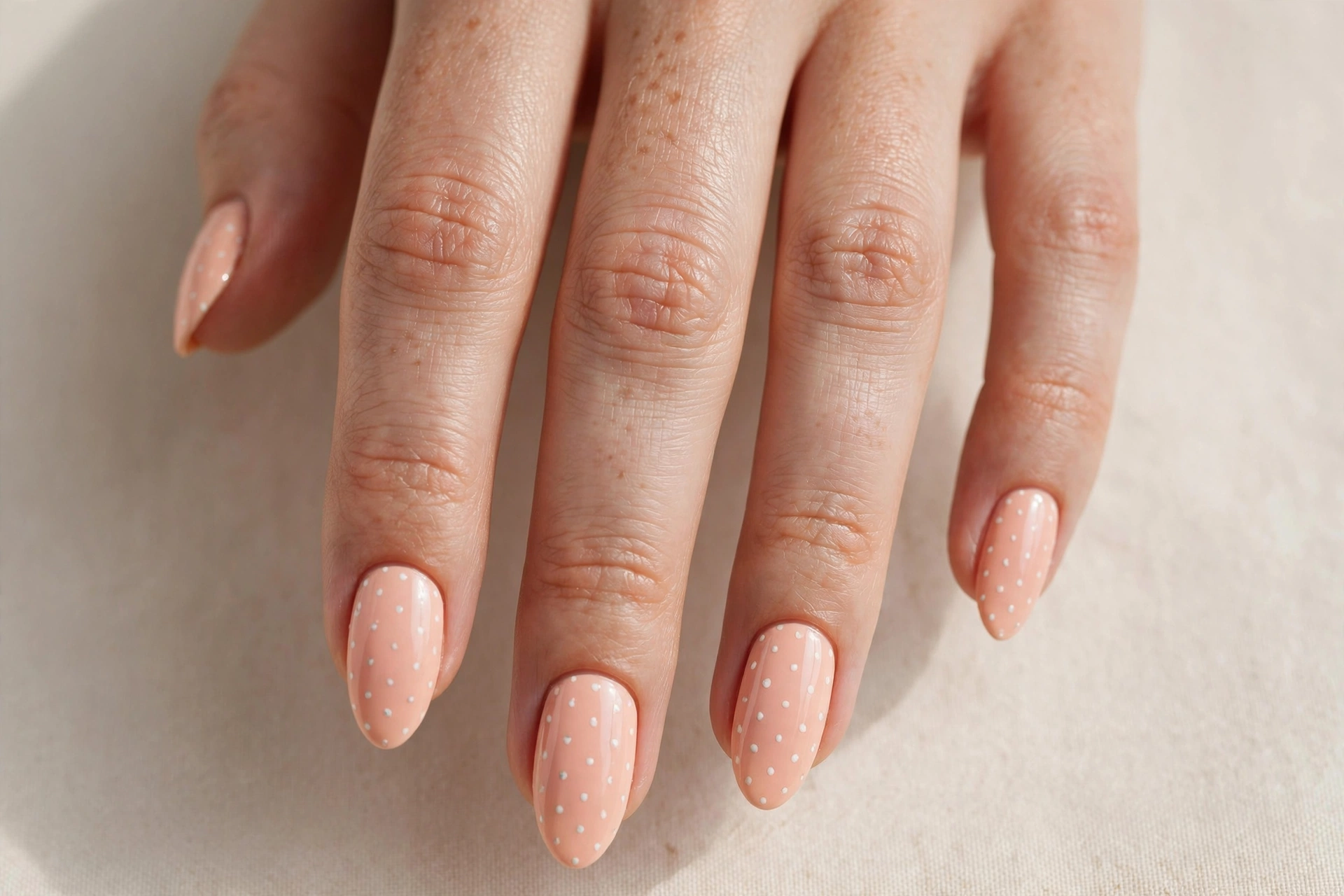 Pastel peach manicure with tiny white polka dots