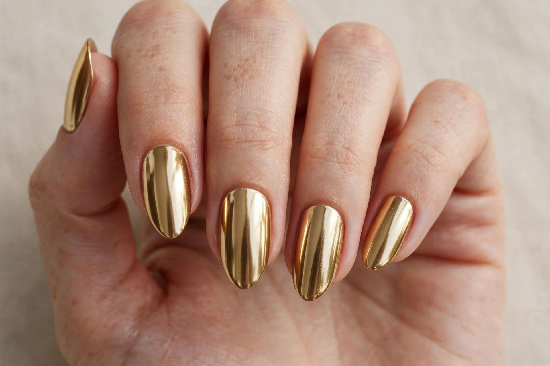 Gold chrome metallic manicure on almond nails