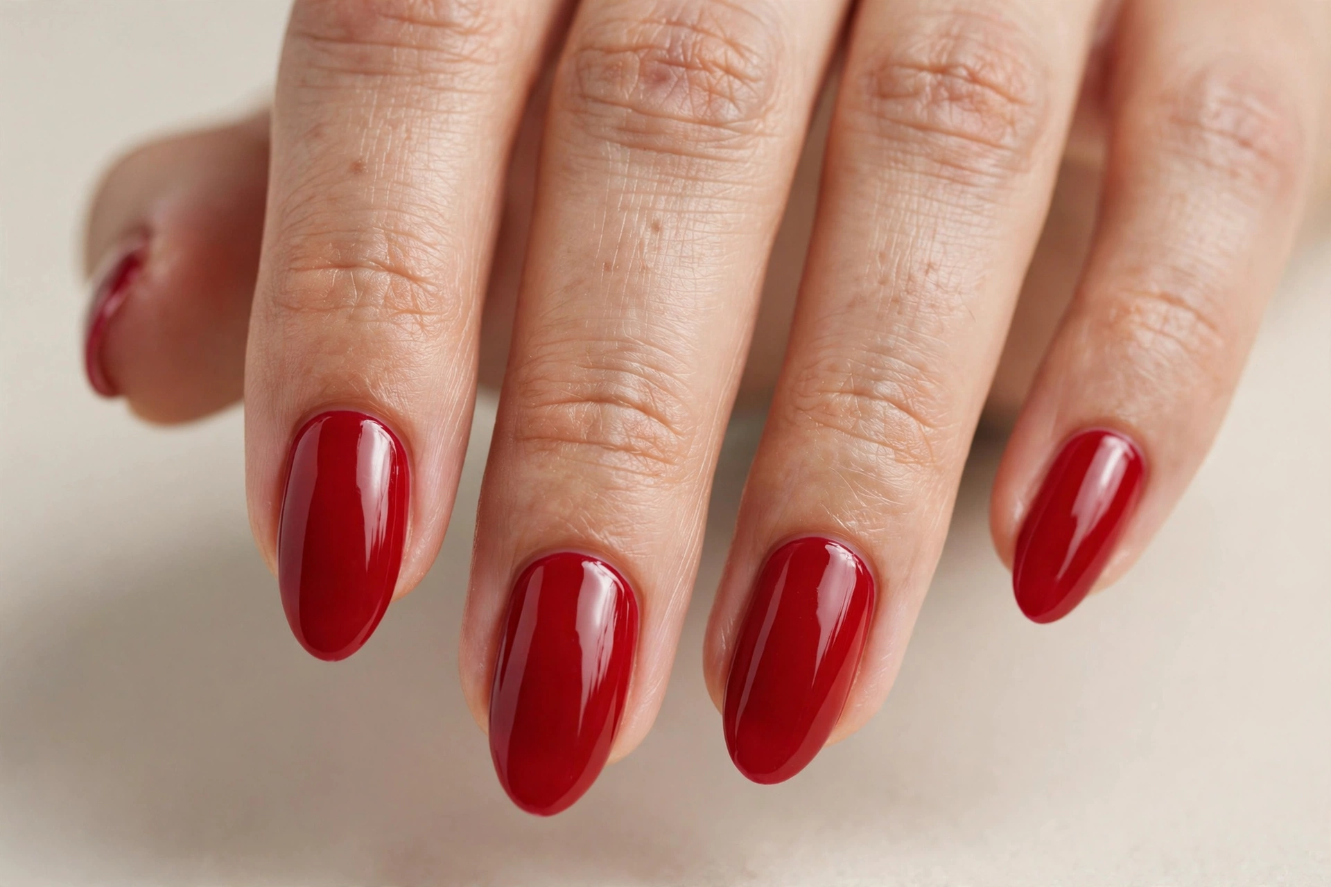 Classic red nail varnish manicure on almond shaped nails