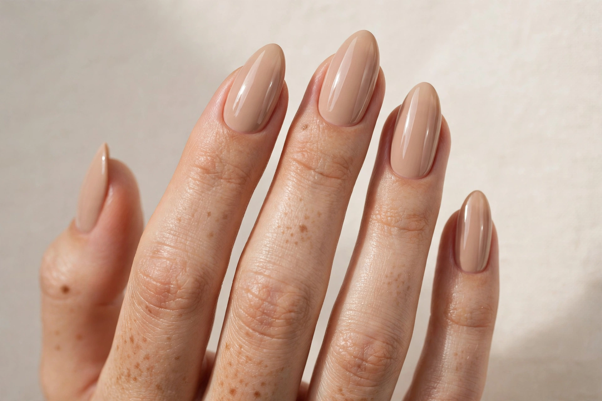 Glossy nude beige nail varnish manicure on almond shaped nails